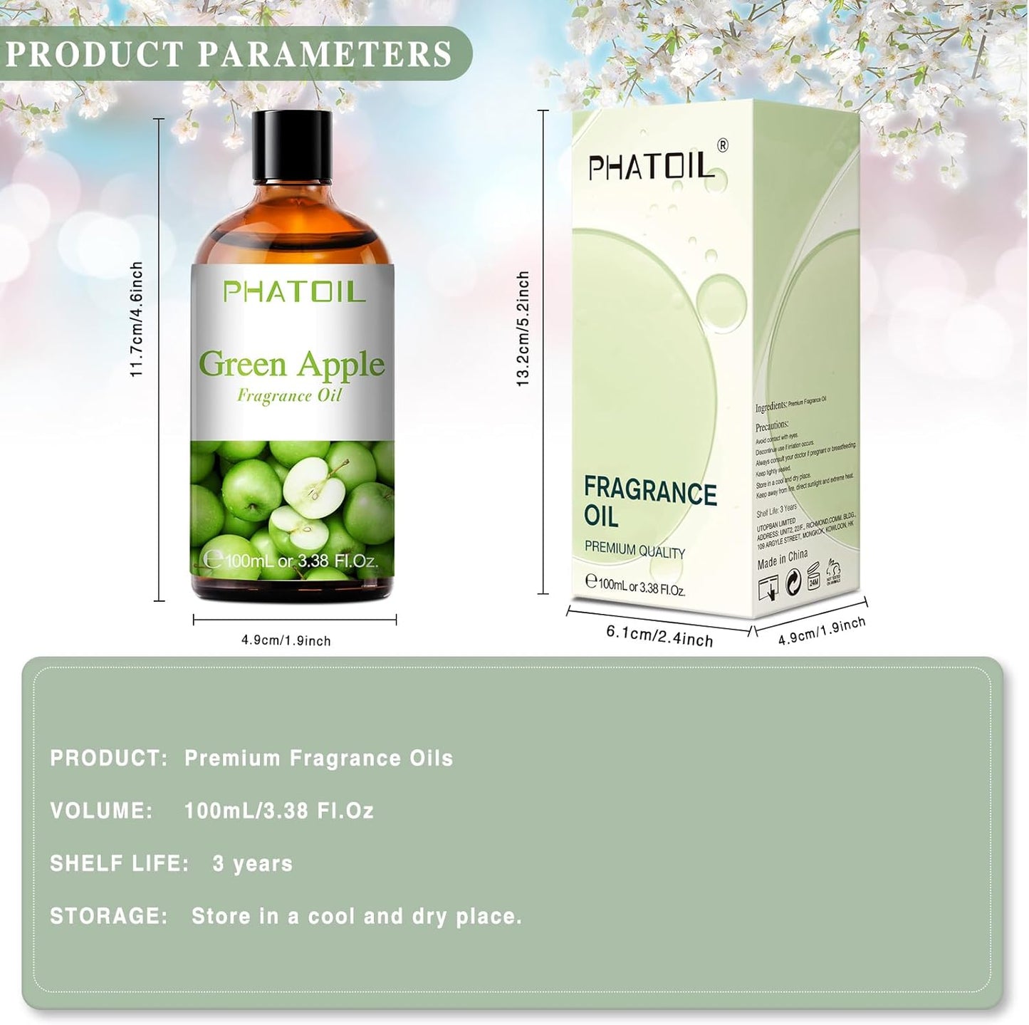 PHATOIL 3.38FL.OZ Green Apple Fragrance Oils for Aromatherapy, Essential Oils for Diffusers for Home, Perfect for Diffuser, Yoga, DIY Candle and Soap Making - 100ml