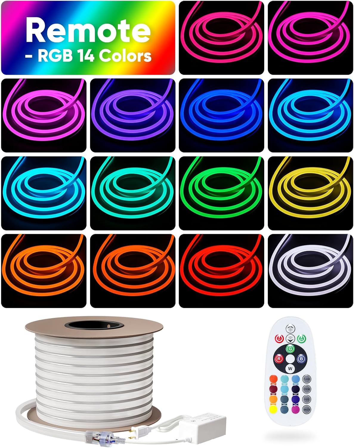Shine Decor LED RGB Neon Rope Lights AC 120V, Expandable & Cuttable Bright Strip Lighting with Remote, Dimmable Color Changing, ETL Cold-Resistant & IP65 Waterproof for in&Outdoor, 10x20mm, 131.2FT