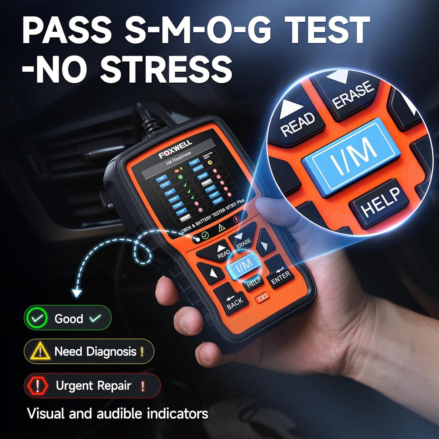 Upgraded of NT301, 2-in-1 FOXWELL NT301 Plus OBD2 Scanner Battery Tester, Professional Check Engine Code Reader Car Diagnostic Tool, 12V Cranking Charging Analyzer for 1996+ Newer Vehicle