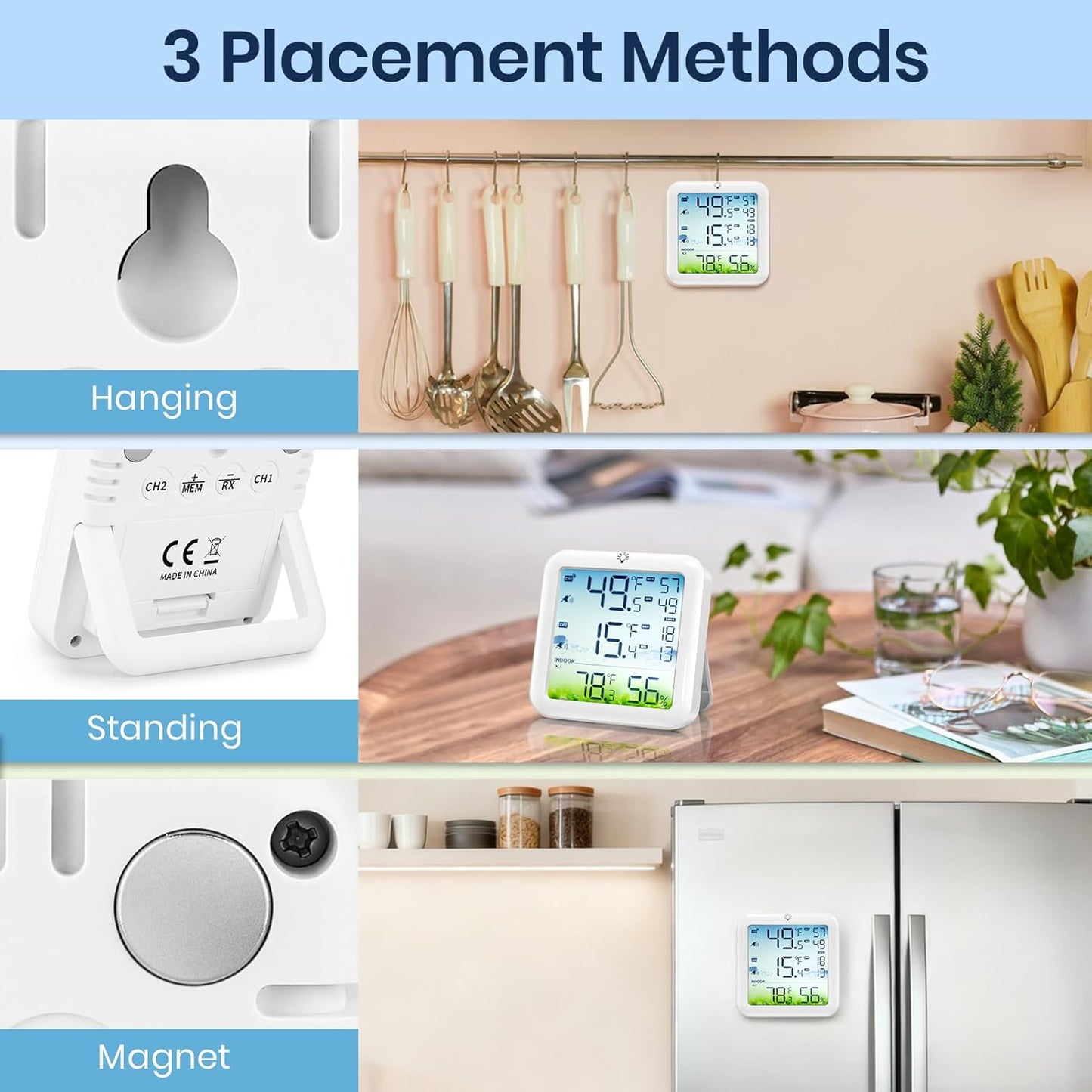 Refrigerator Thermometer with Freezer Alarm, Wireless Freezer Thermometer, Max/Min Temperature Records Fridge Monitor, 330ft Temperature Humidity Monitor with 2 Sensors, for Kitchen Home Restaurant