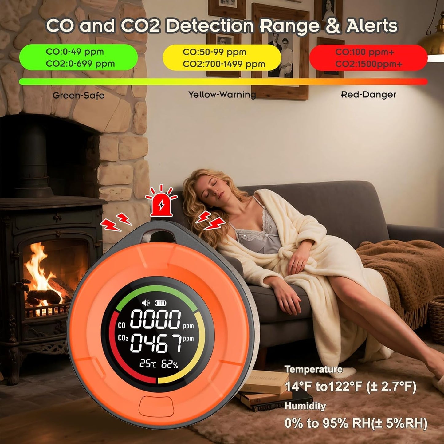 Portable Carbon Monoxide Detector for Travel:4-in-1 CO2 Monitor for Home - 1000mAh Battery Mini CO Carbon Dioxide Alarm with Temperature(°F) & Humidity for RV Hotel Camping- Orange