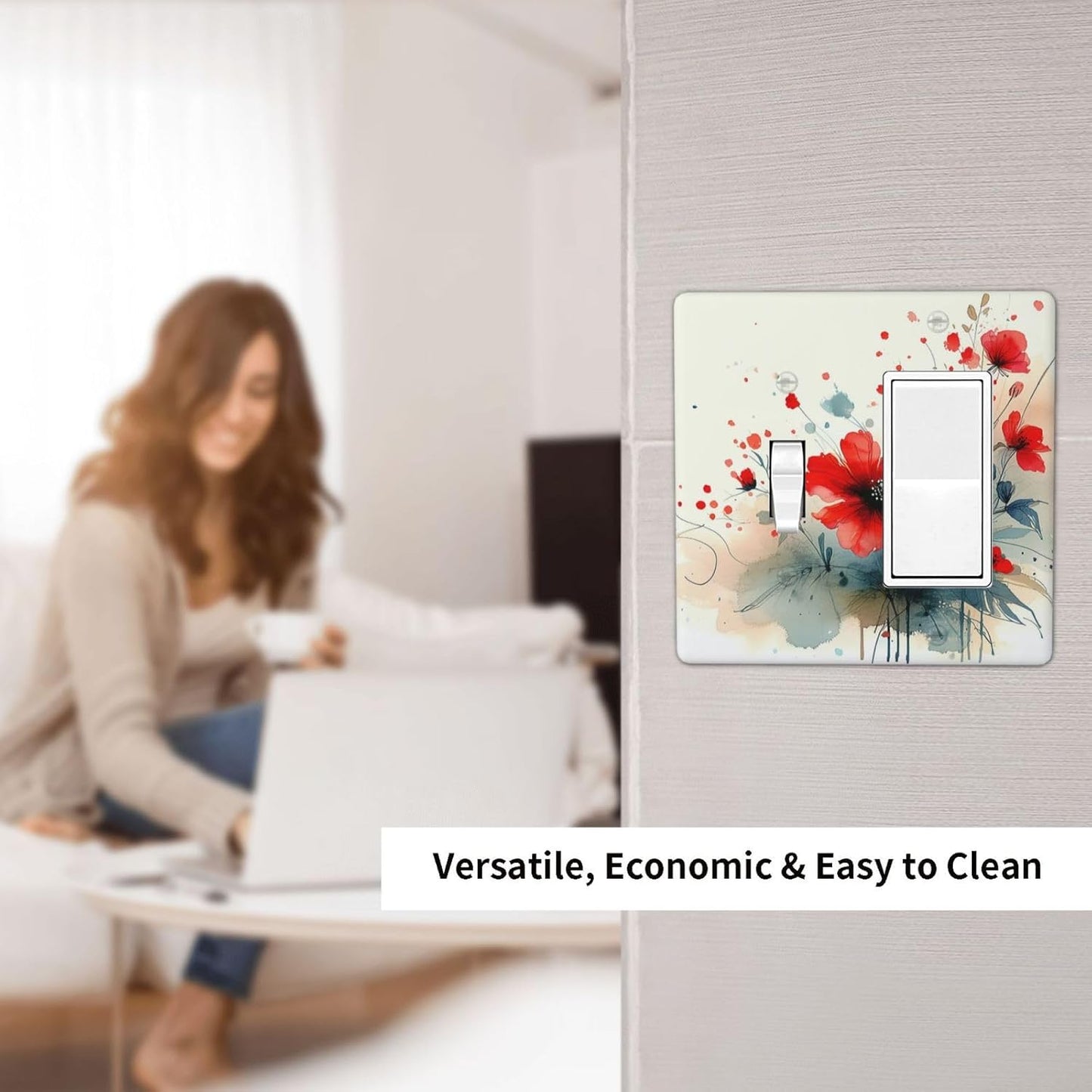 Vintage Floral Red Watercolor Modern Outlet Covers 1 Toggle 1 Rocker Combination Light Switch Cover Plate Decorative Wall Plate Electrical Switch Plates for Bedroom Bathroom Decor
