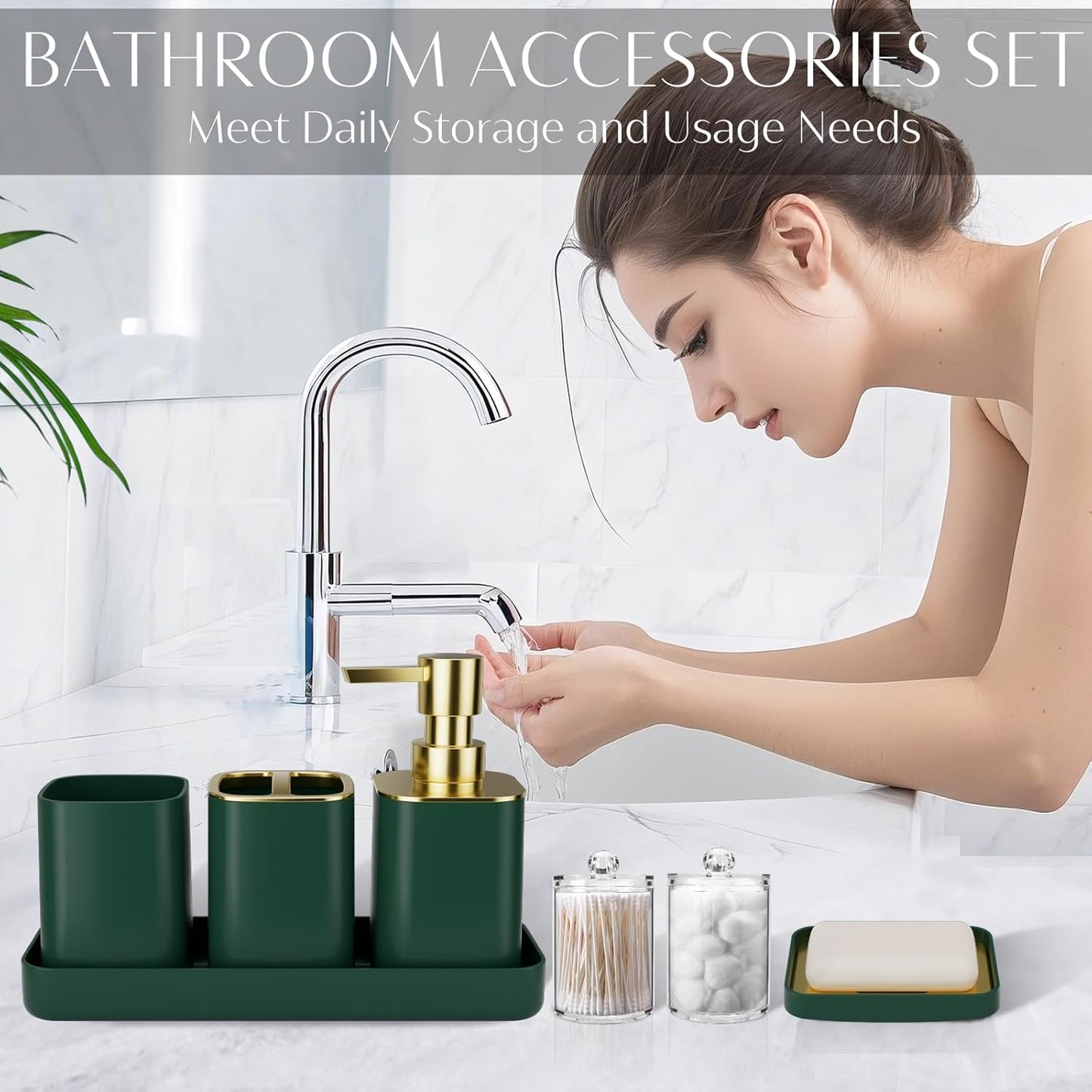 9PCS Bathroom Accessory Set, Dark Green Bathroom Set with Large-Capacity 4 Gallon Trash Can, Bathroom Accessories Set Complete, Toothbrush Holder, Soap Dispenser, Toilet Brush, Bathroom Decor
