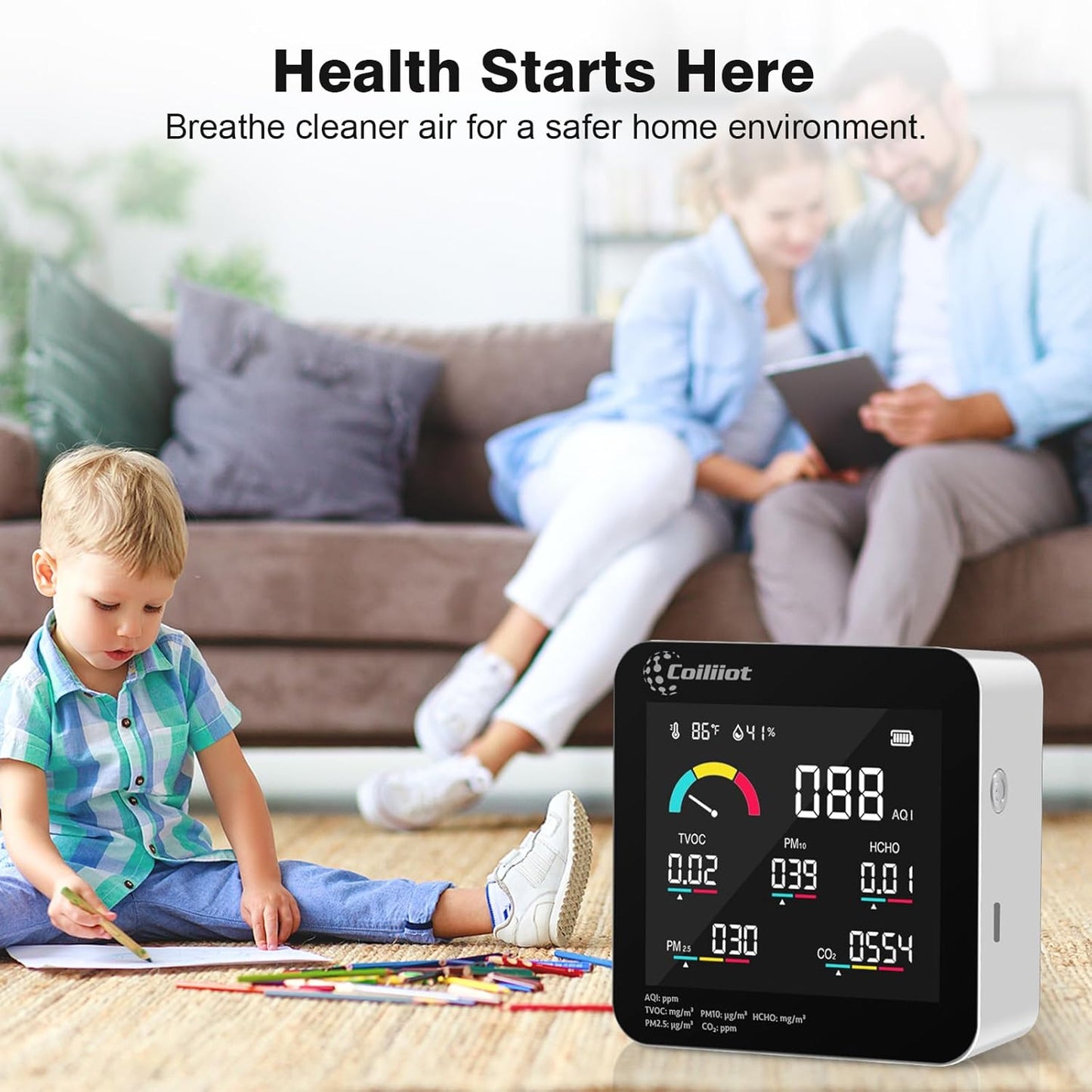 Air Quality Monitor Indoor – CO2 Detector, VOC Meter and AQI Tester Tracks TVOC, HCHO, PM2.5 & PM10 with Temperature & Humidity Sensor for Home Office (White)