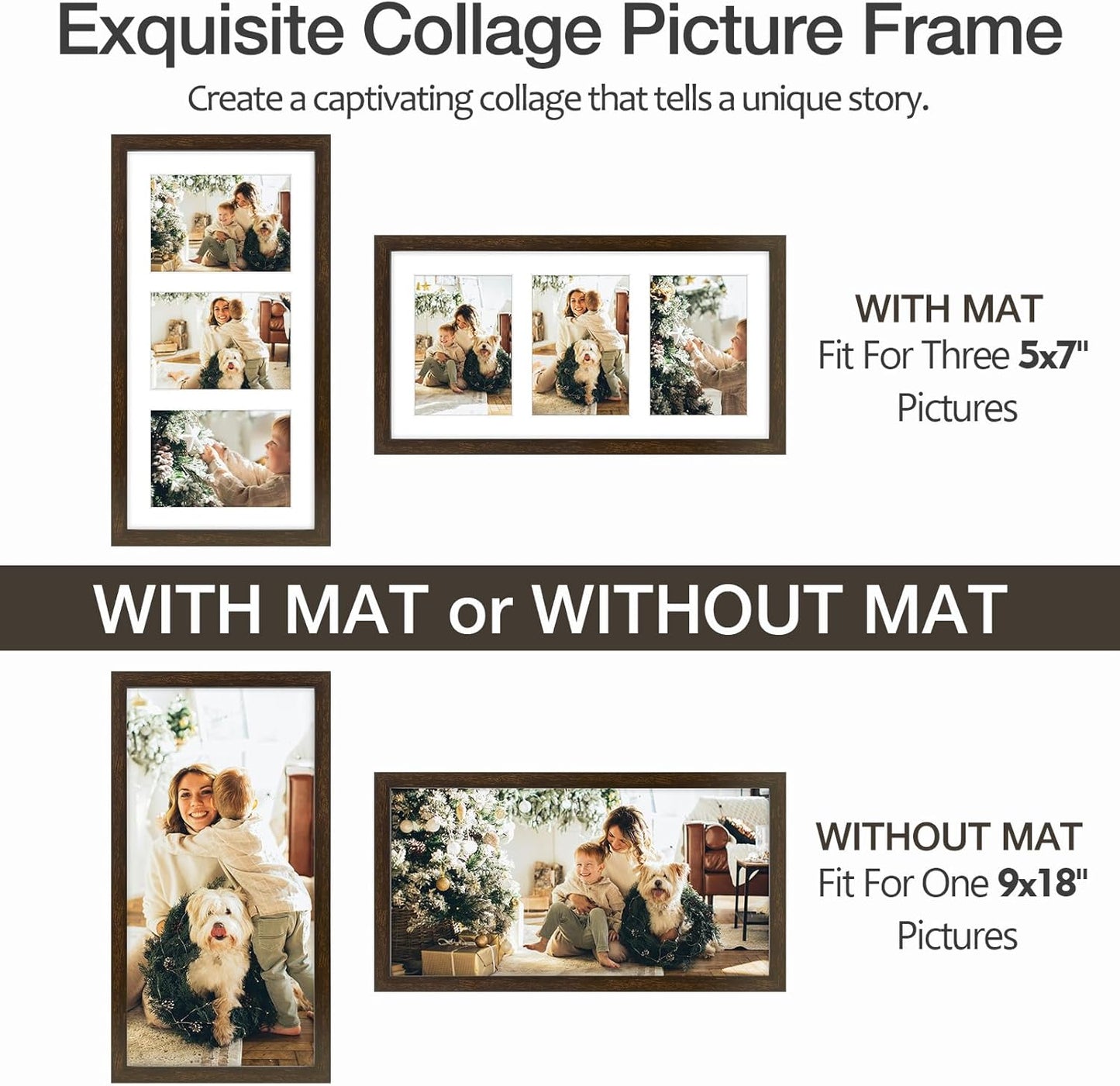 Golden State Art Three 5x7 Collage Picture Frame - Solid Wood with Tempered Glass - Multi Picture Frame Display Three 5x7 Photos with Mat - or One 9x18 Frame Without Mat for Wall Decor, Dark Brown