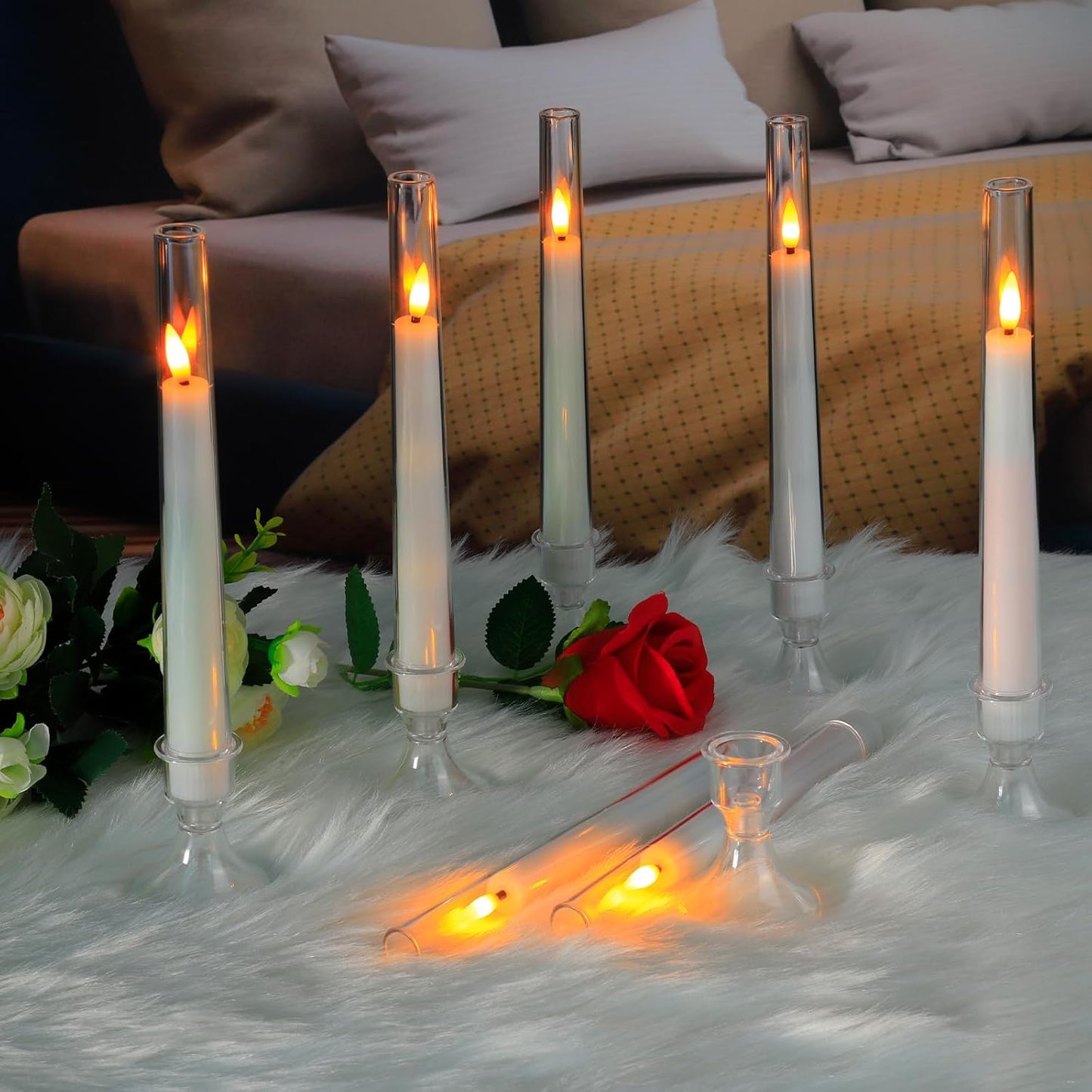 Comenzar 12PC Flameless Taper Candles - LED Candles, Flickering Design with Base, Perfect for Home, Windows,Decoration,Weddings, Parties (White)
