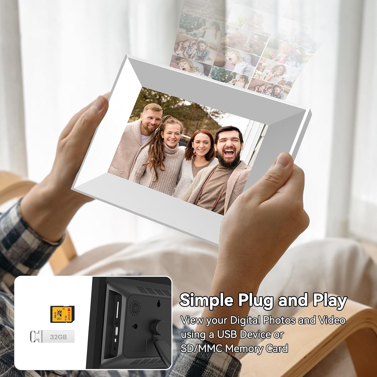 8-Inch Digital Picture Frame with WiFi, Wood Finish Frame Smart Photo Frame HD IPS Touch Screen with 16GB Storage β Easy Photo & Video Sharing from Anywhere β Ideal Gift for Family, White