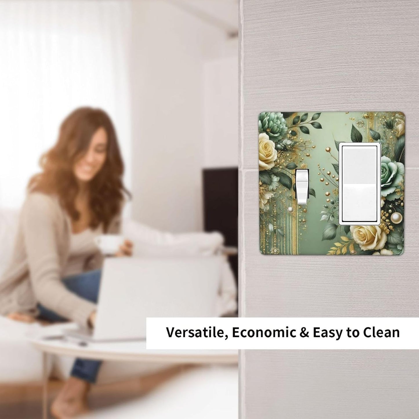 Decorative Outlet Covers Rustic Green Floral Leaves Teal Flowers Gold Stripe 2 Gang 1 Gang Wall Plate Cover Single Toggle Rocker Combo Light Switch Cover Plate Face Plate