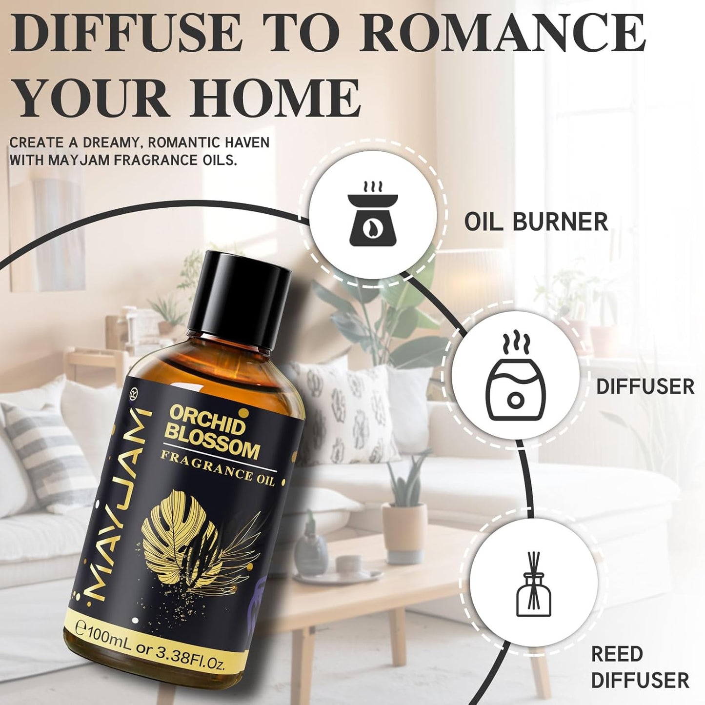 Orchid Blossom Fragrance Oil Essential Oil, MAYJAM 3.38FL.OZ Orchid Blossom Oil for Diffusers for Home, Long Lasting Scented Oils for Soap Candle Making - 100ML