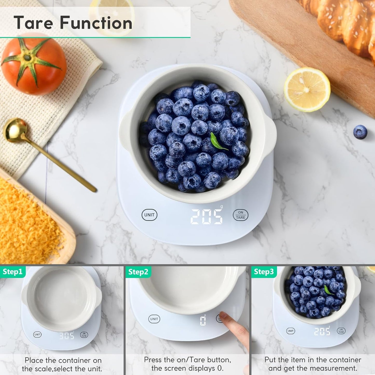 Arboleaf Smart Food Kitchen Scale, 22lb Digital Food Scale with Nutritional Calculator, USB Rechargeable, Smart Weighing with App for Macro, Keto, Calorie, Cooking, Grams and Ounces, 0.1oz/0.5g, White