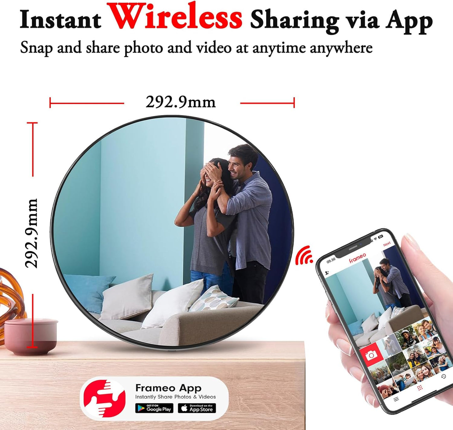 Frameo Digital Picture Frame – 10.1" Smart Mirror Touchscreen Display Anti-Fog, WiFi Digital Mirror Share Photos & Videos via App, Wall/Tabletop Mount 32GB Frame for Home Decor & Gifts