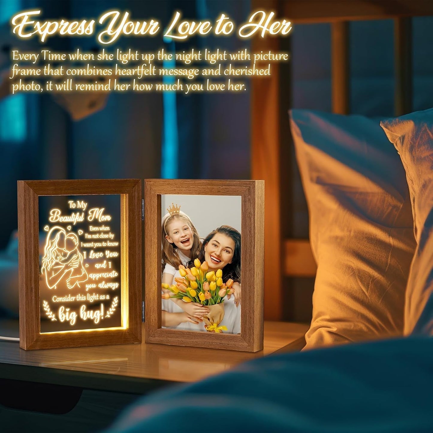 Tiblue Mother's Day Gift from Daughter Son, Mother Daughter Picture Frame & Acrylic Plaque with Night Light, Mother-in-Law Gifts from Daughter-in-Law New Mom Gifts for Women