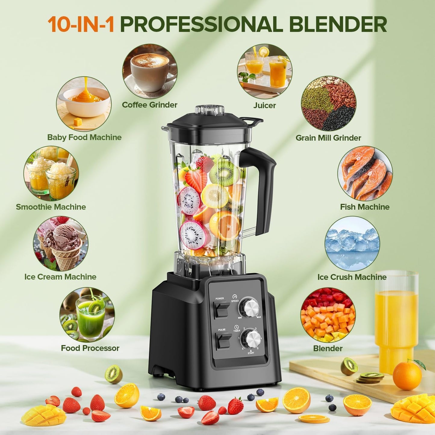 Blender, Blender for Smoothies with 68Oz. Pitcher and 20Oz. Grinder, 28000 RPM Countertop Blenders for Kitchen, Ice Crushing, Frozen Fruits, Timing Setting, Speed Adjustable, Black