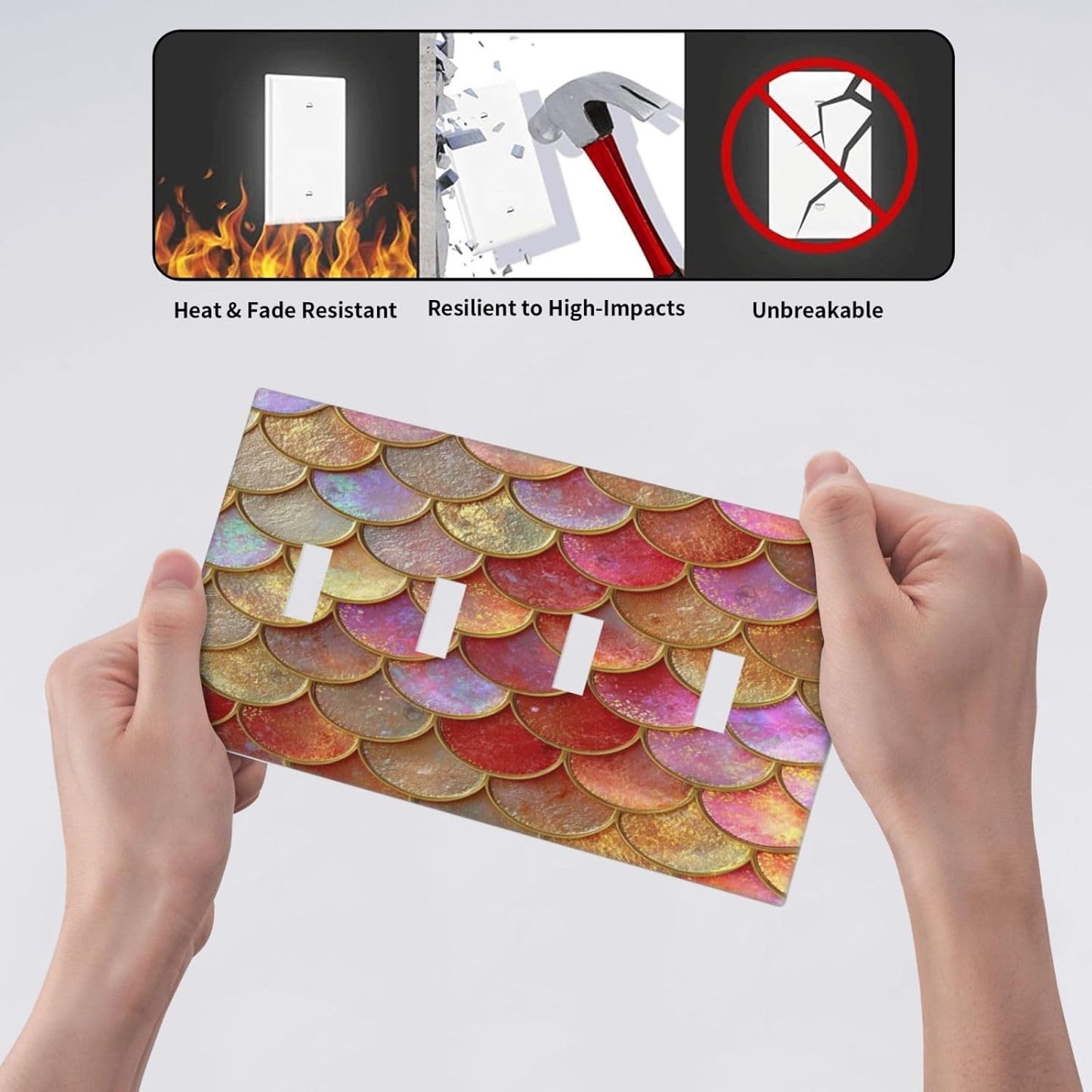 Mermaid Glitter Scale Rainbow Gold Fish Scales Light Switch Covers Quad Toggle Electrical Faceplate 4 Gang Wall Plate Decorative Switch Plates for Bed Room Home Decor