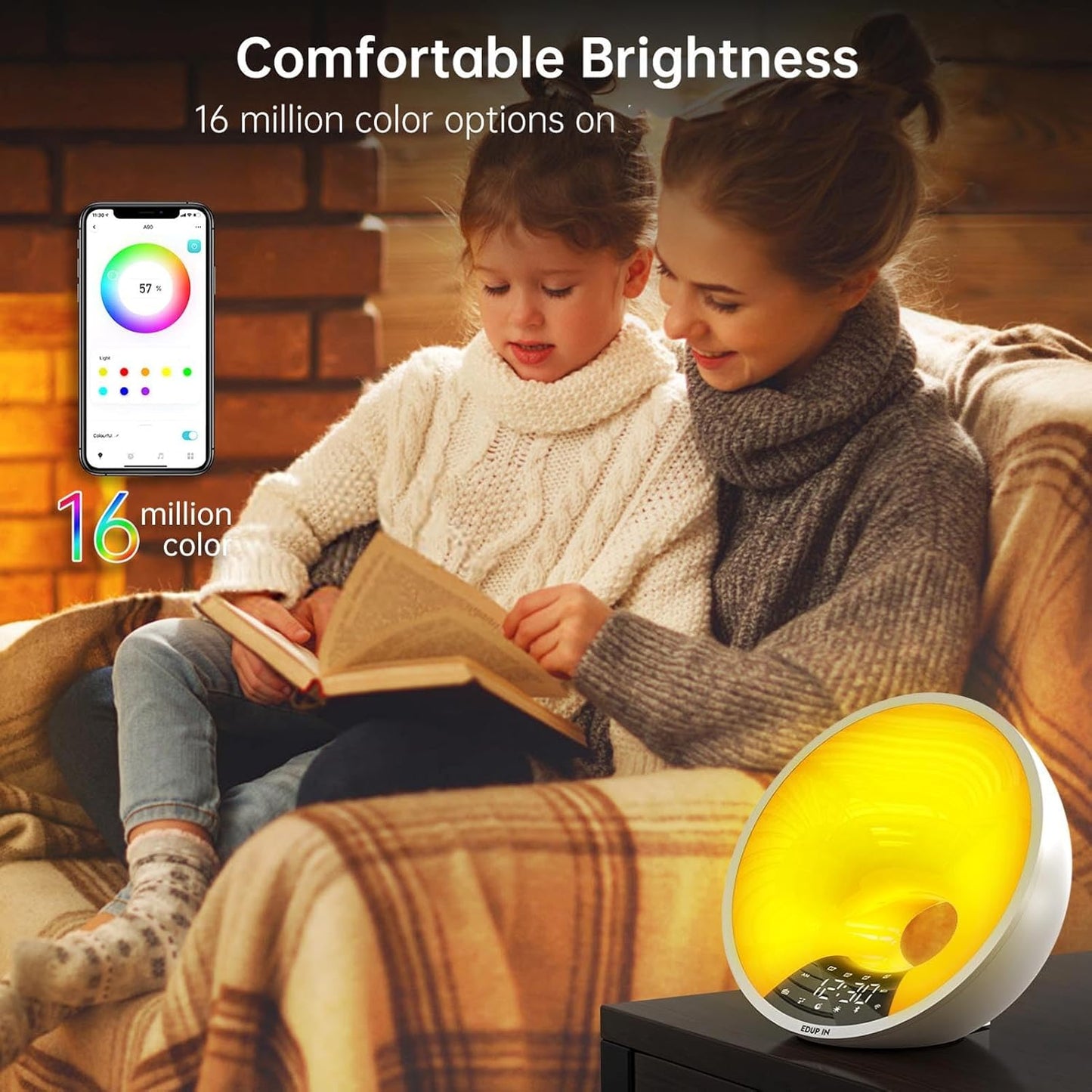 Fafeicy Sunrise Alarm Clock, Wake Up Light with Sunset Simulation 7 Color Changing Night Light Ambient Speaker Phone Charging Dock for Bedroom Dorm Sleep Aid (US Plug 100-240V)