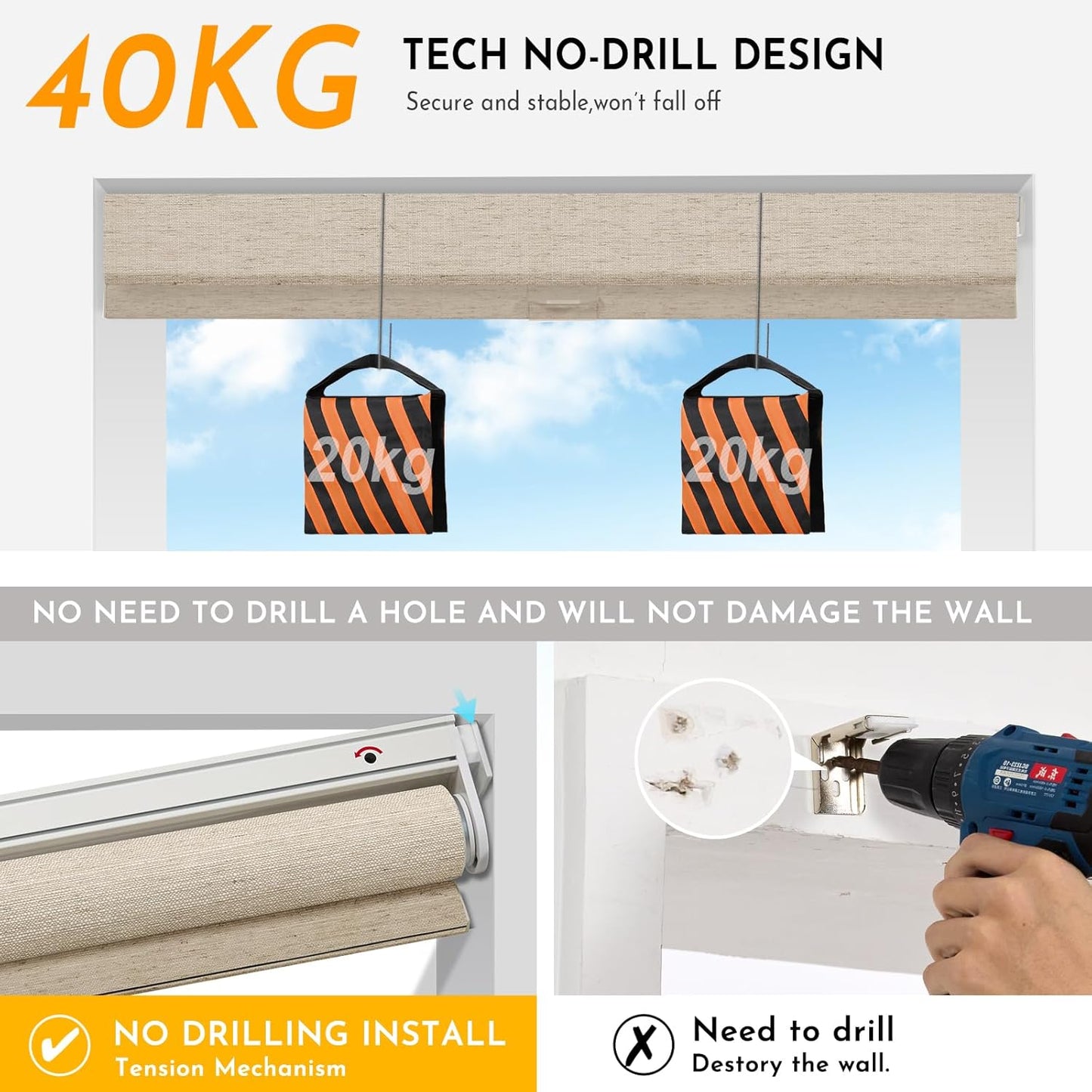 Persilux Smart Motorized Blinds with Remote, No Drill Automatic Roller Shades for Indoor Windows, Light Filtering Linen Fabric, Electric Blinds for Windows, Linen Beige C156-2, Custom Size