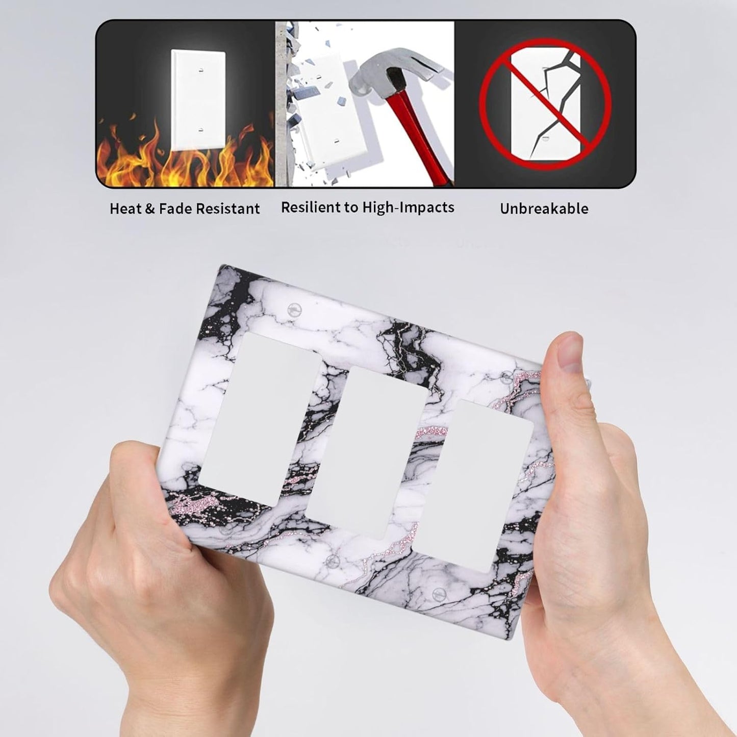 Light Switch Covers White Marble Pattern Black Lines Pink Lines 3 Gang Rocker Electrical GFCI Decorative Triple Outlet Wall Plate Cover Switchplate for living Room Office Decor