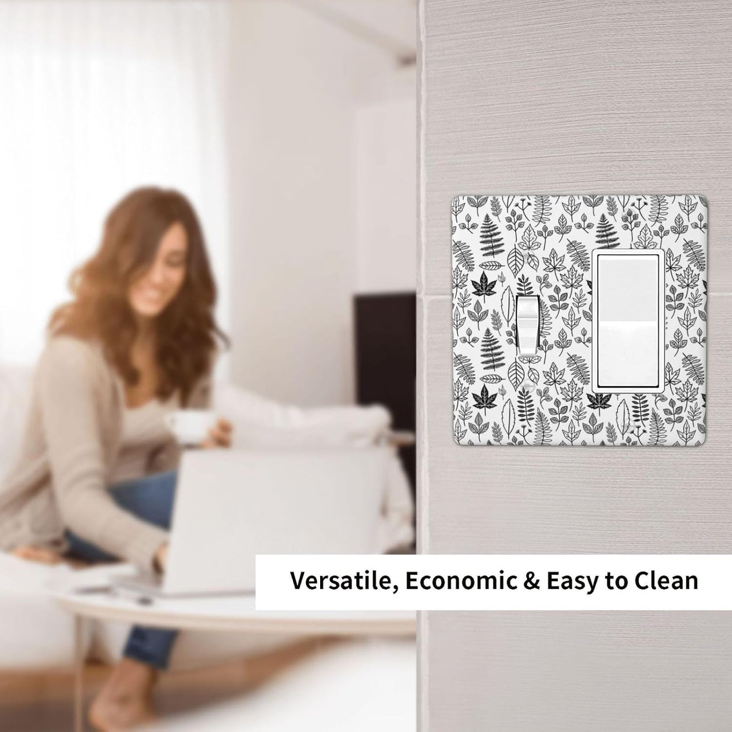 Black White Leaf Wheat Maple Leaf Plant Outlet Covers 1 Toggle 1 Rocker Combination Light Switch Cover Plate Decorative Wall Plate Electrical Switch Plates for Bedroom Bathroom Decor