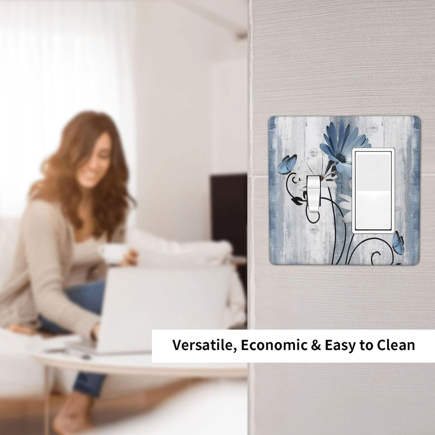 Decorative Outlet Covers Rustic Blue White Daisy Ink Flower 2 Gang Light Switch Cover Plate Single Toggle 1 Rocker Wall Plates for Electrical Outlets Switch Plate Covers for Bedroom Home Decor