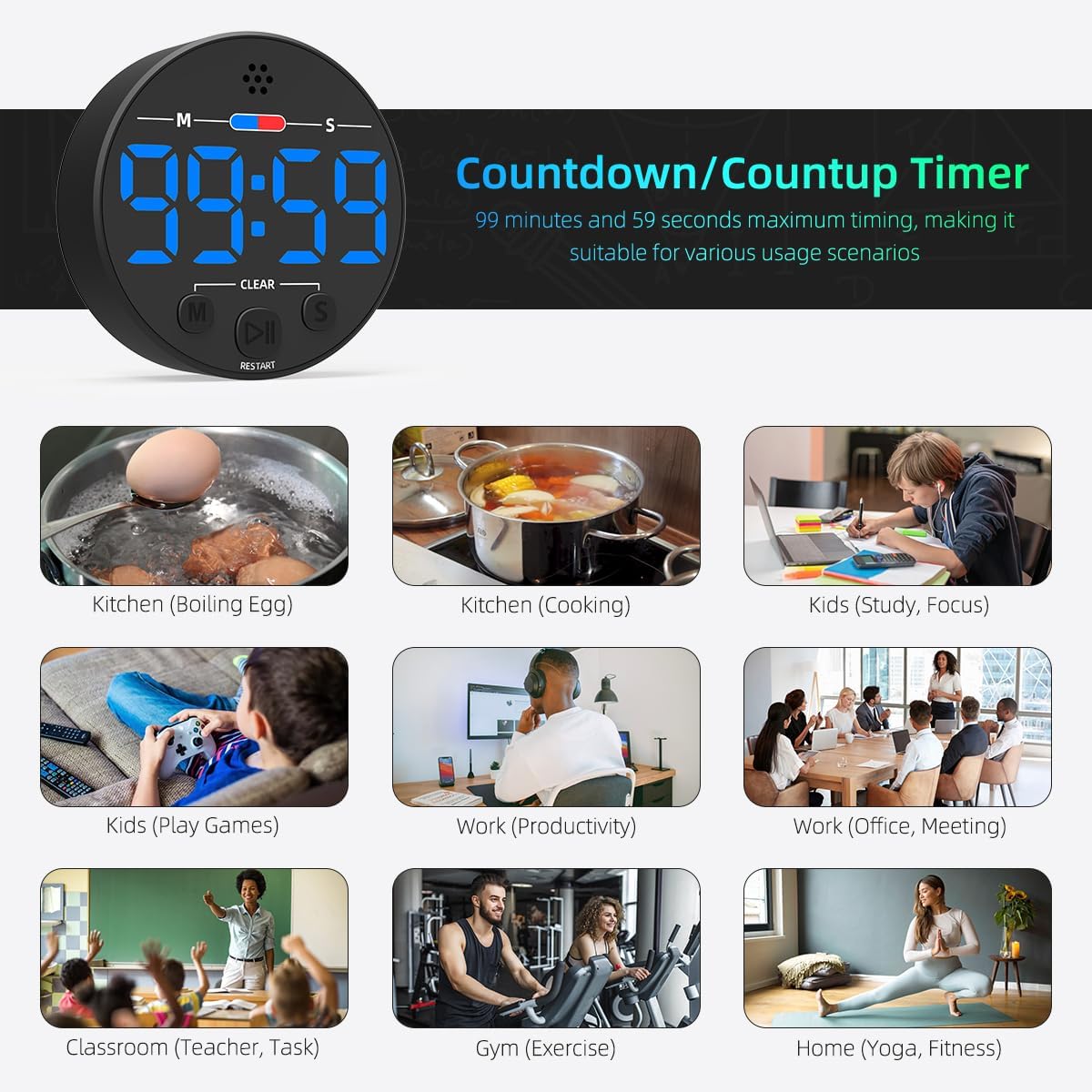 Large LED Digital Timer, Magnetic Countdown Loud Timer for Kitchen Cooking, Classroom Whiteboard, Kids, Toddler, Game, Productivity, Focus, Work, Task, Office, Meeting – Small, Simple, Visual, Blue