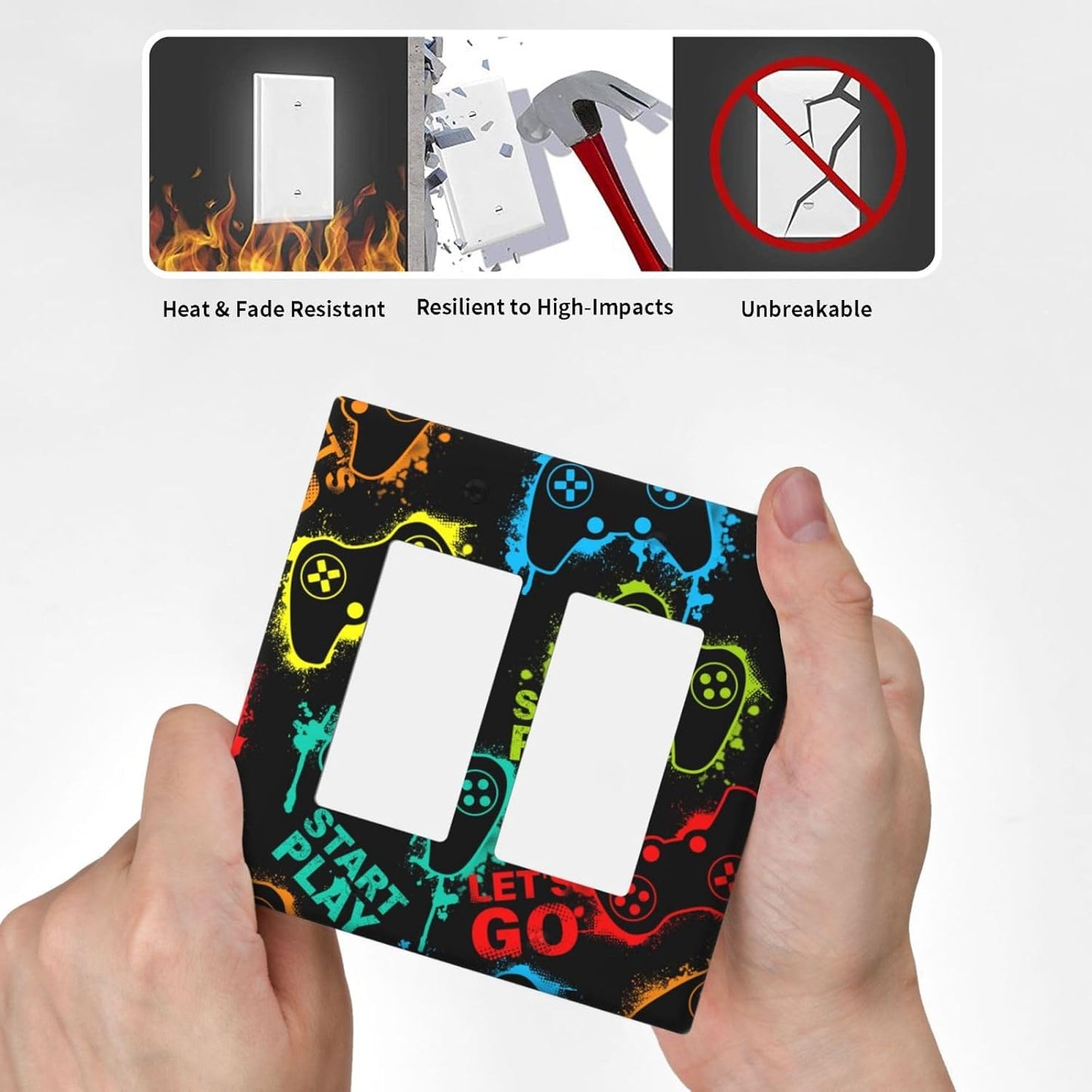 Decorative Outlet Covers Gamepad Theme Graffiti 2 Gang Light Switch Cover Plate Double Rocker Wall Plate Switch Plate Covers Faceplate for Game Room Bedroom Decor (2 Pack)