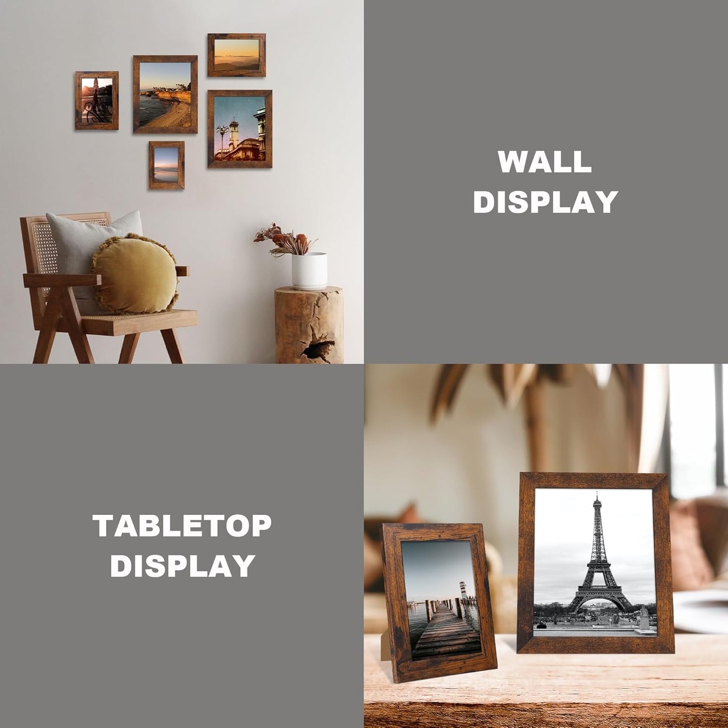 iRahmen 5x7 Picture Frame Set of 4, High Definition Glass 5 x 7 Frame, Wood Rustic Photo Frames for Horizontal or Vertical Display Tabletop and Wall Mounting, Dark Brown