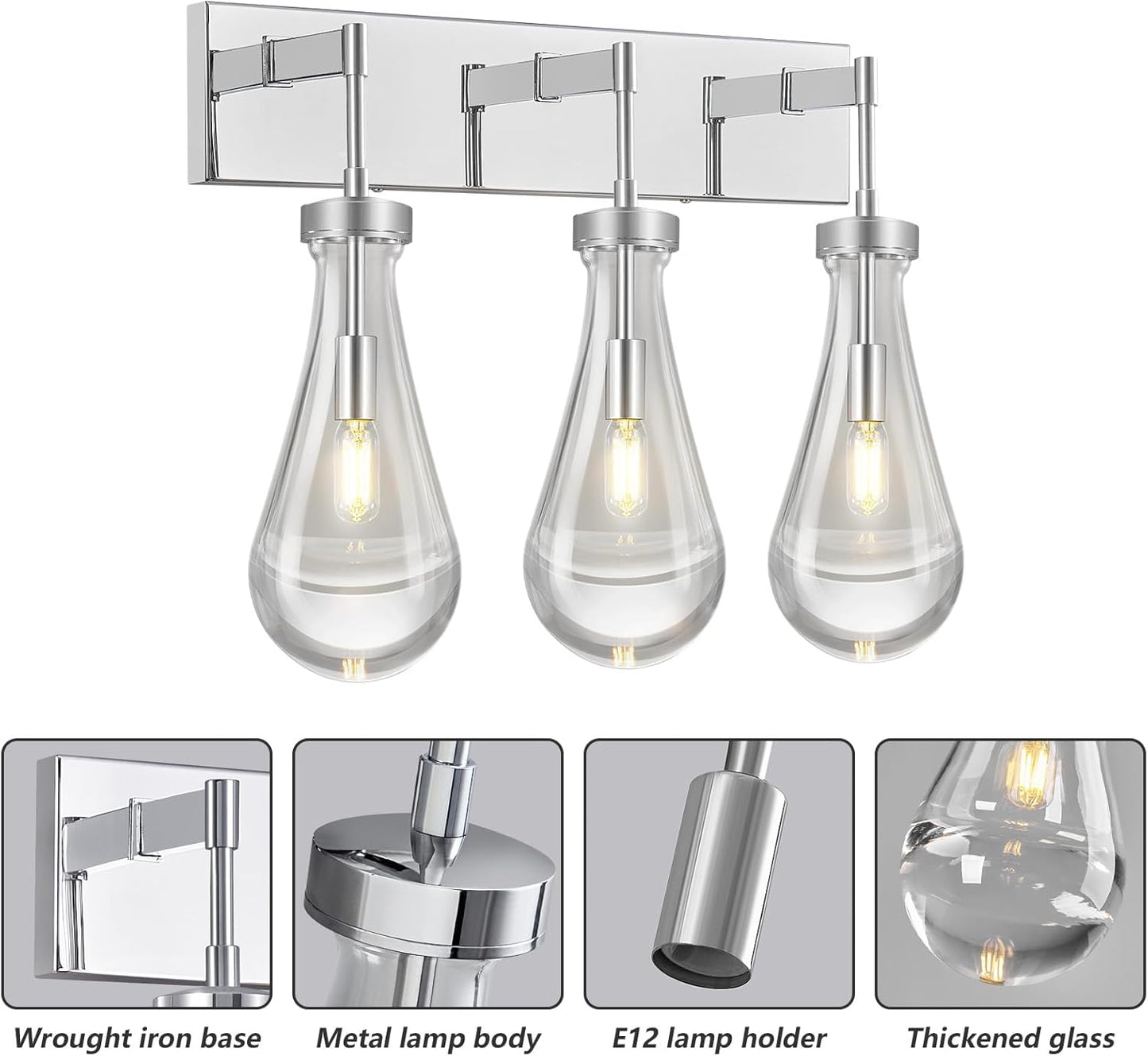 Raindrop Wall Sconces Chrome Crystal Sconces Wall Decor Modern Lighting Glass Bathroom Sconces Indoor Vanity Light Wall Lamp for Bedroom Living Room Stair(3-Light)