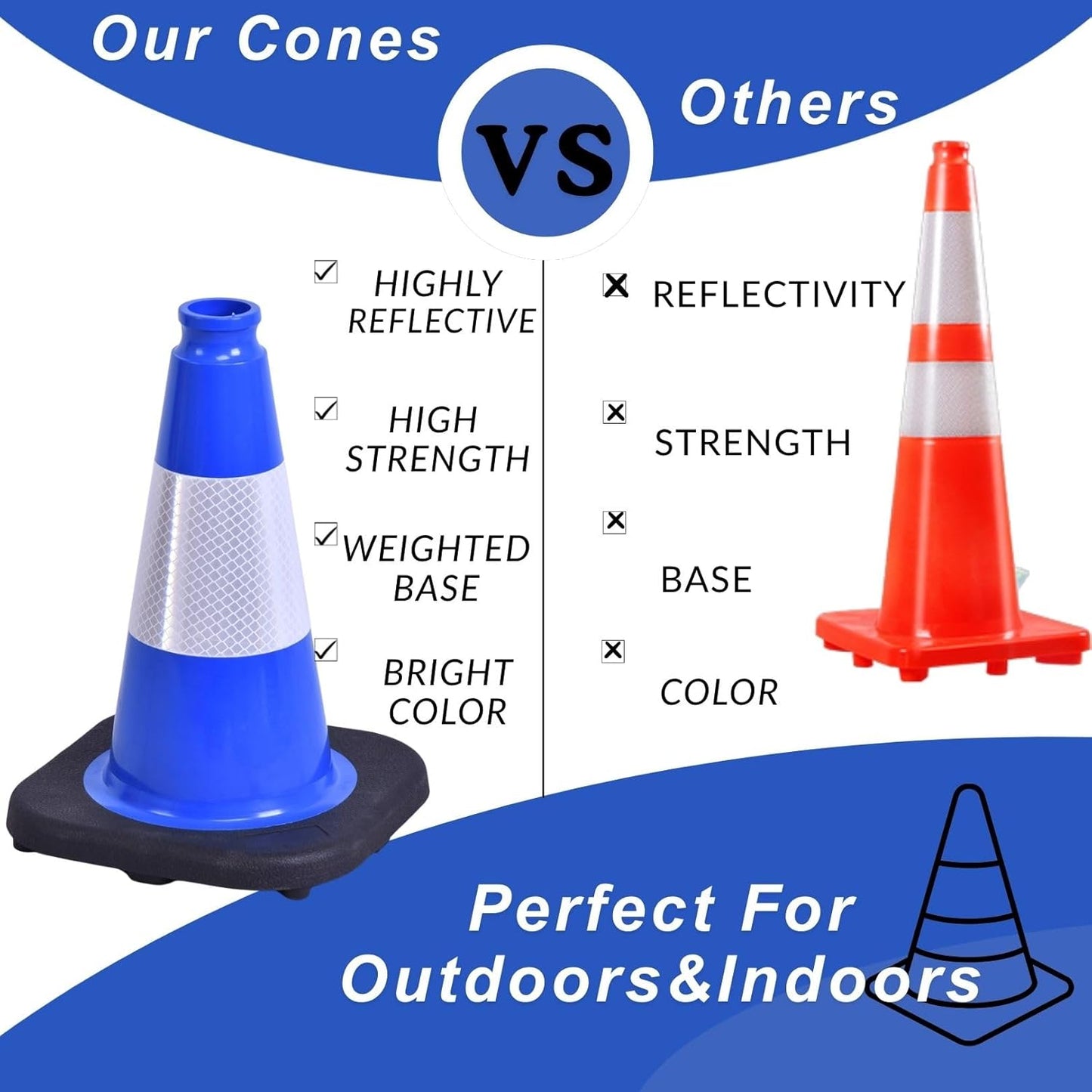 BESEA 4Pack 12 Inch Blue Traffic Cones with 4 Inch Reflective Collar, Heavy Duty PVC Safety Cones with 8.5 x 8.5 Inch Base for Parking, Driving Practice, Sports Training, and Construction