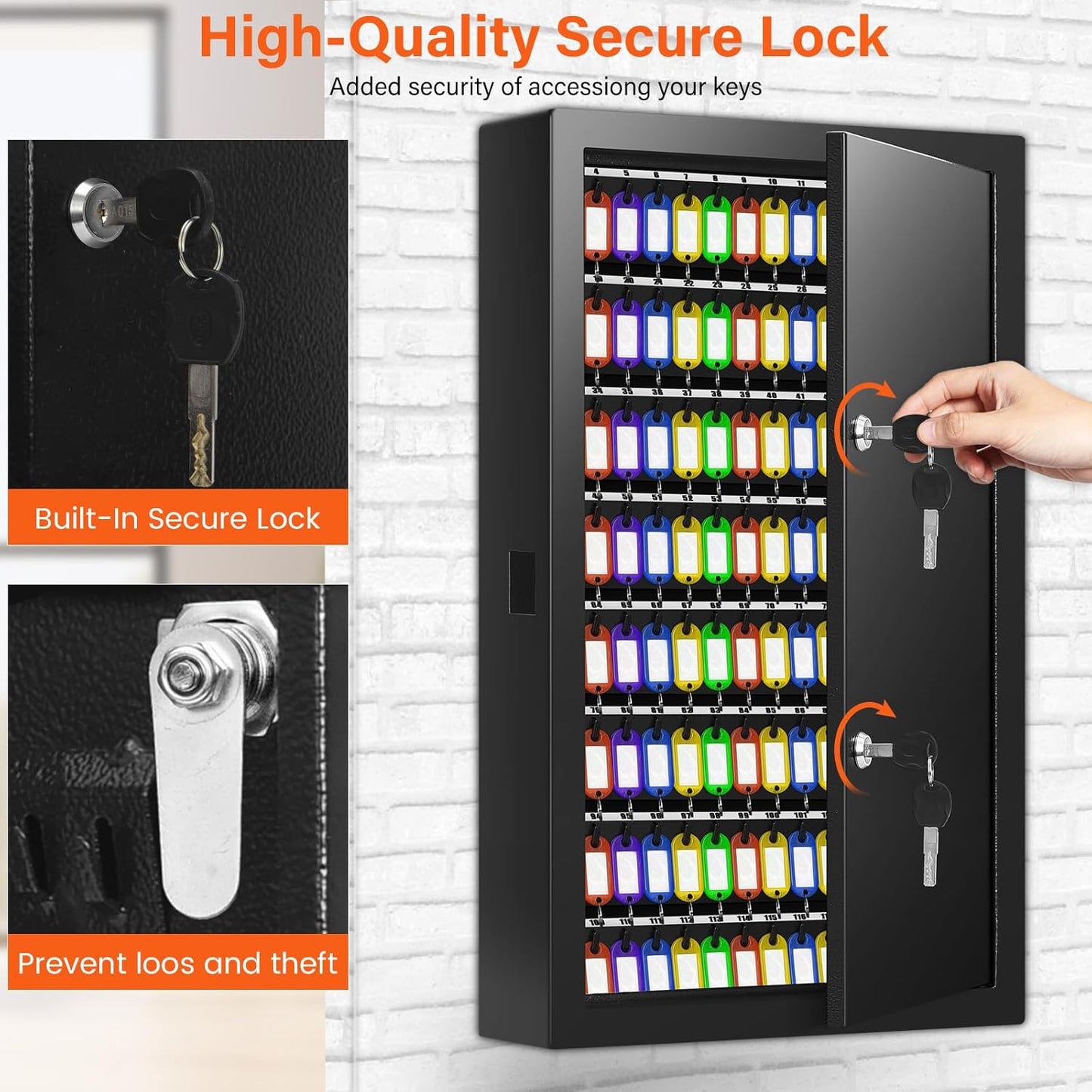 200 Keys Dual Lock Key Cabinet, Anti-Theft Key Lock Box with Key Tags, Adjustable Key Organizer Wall Safe for Car Office House Garage Rental Business