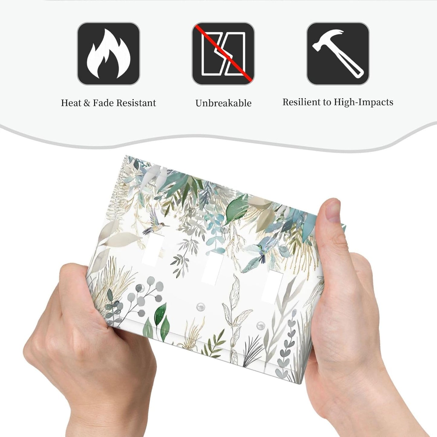Green Tropical Palm Leaves Flower Plants Hummingbird Decorative Switch Plates 3 Gang Wall Plate Triple Toggle Light Switch Cover Faceplate Electrical Wall Panels for Bed Room Living Room Decor