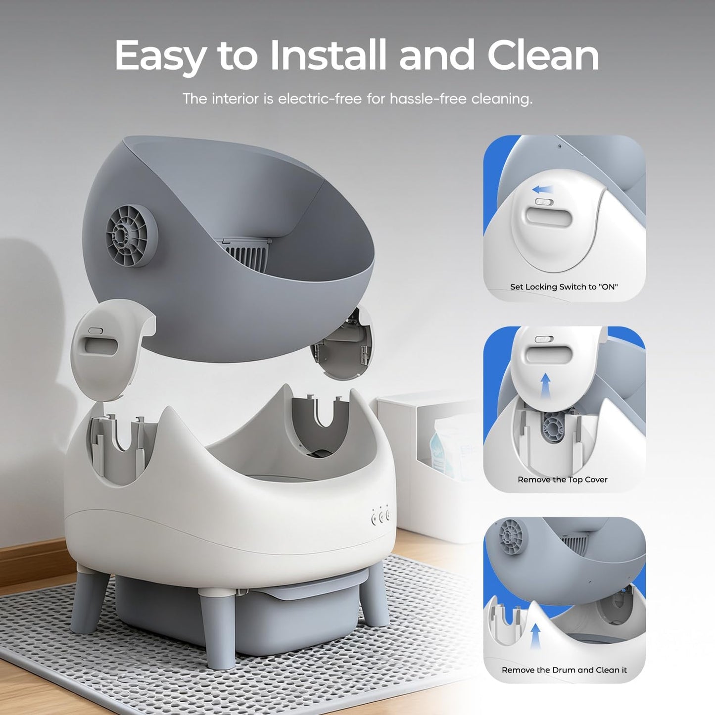 Open-Top Self Cleaning Litter Box, Automatic Cat Litter Box for Multiple Cats, APP Control, Safety Protection, Includes Trash Bags, White/Grey