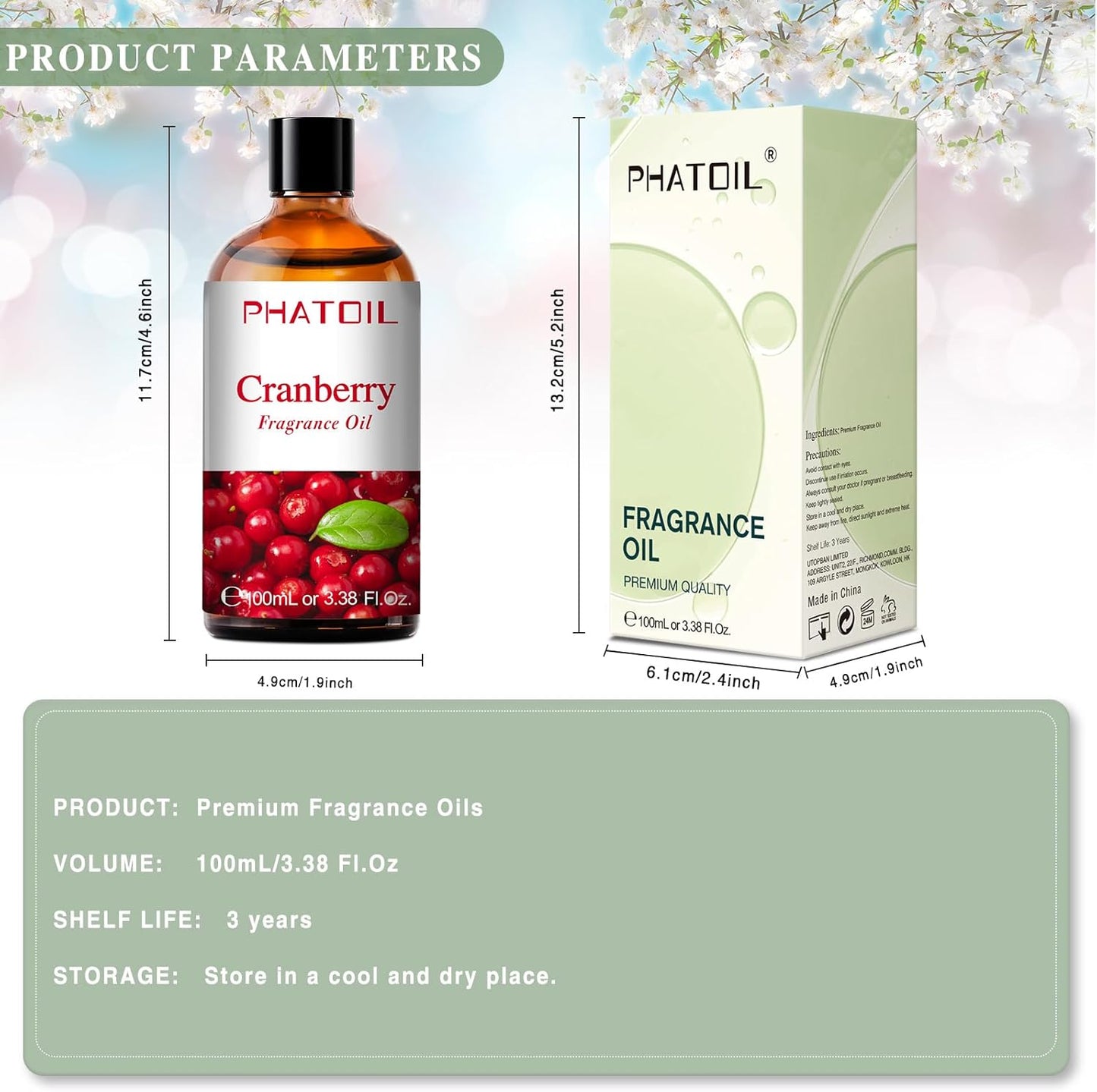 PHATOIL 3.38FL.OZ Cranberry Fragrance Oils for Aromatherapy, Essential Oils for Diffusers for Home, Perfect for Diffuser, Yoga, Skin Care, DIY Candle and Soap Making - 100ml