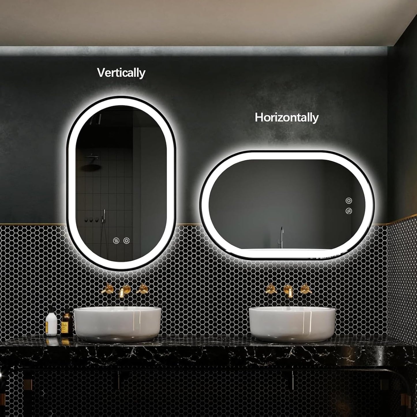 Niccy Oval LED Mirror for Bathroom, 32x20 Front Lit + Backlit Vanity Mirrors with Light Anti-Fog, Shatter-Proof, Makeup Mirror with Black Frame (Horizontal/Vertical)