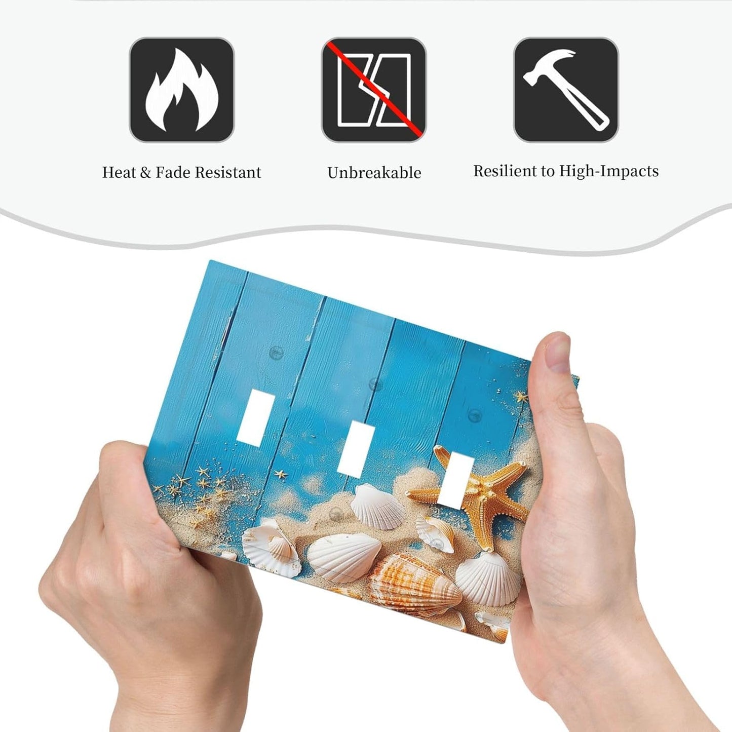 Decorative Switch Plates Blue Wood Grain Beach Shell Starfish 3 Gang Wall Plate Triple Toggle Light Switch Cover Faceplate Electrical Wall Panels for Bathroom Farmhouse Decor