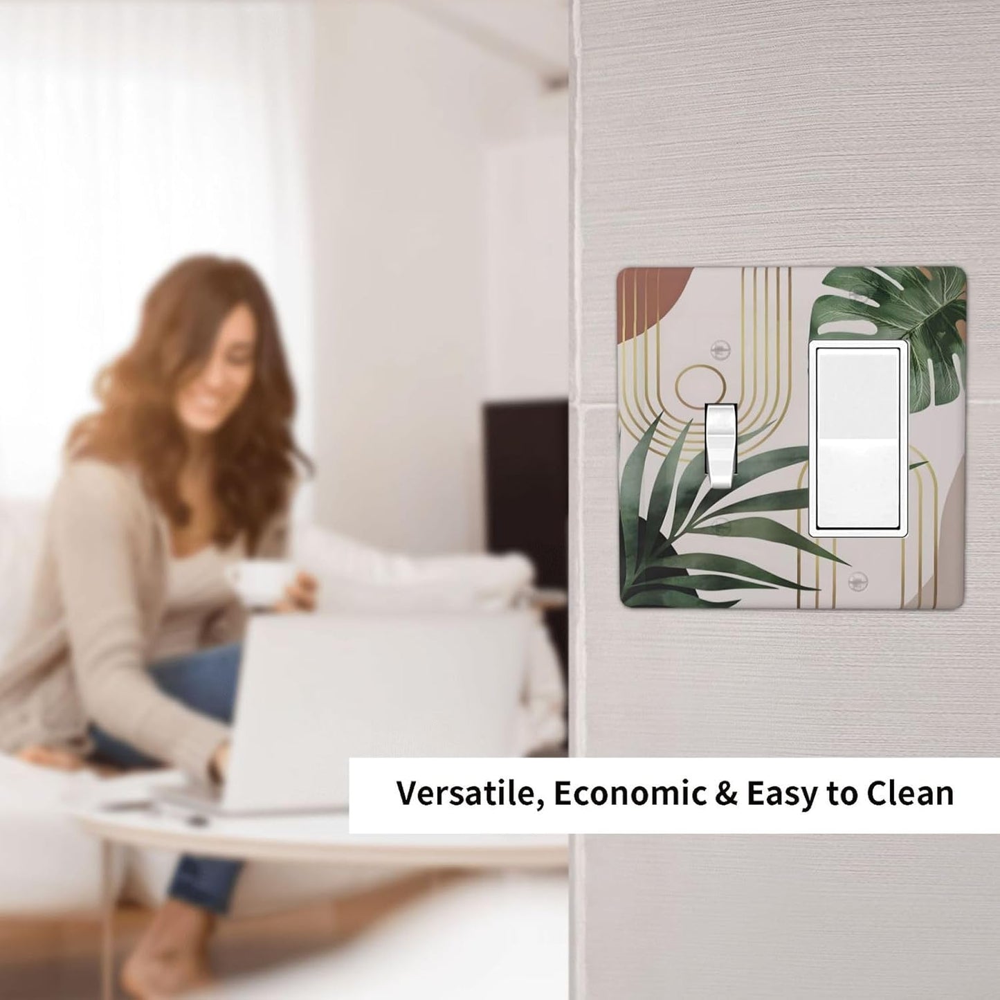 Decorative Outlet Covers Boho Mid Century Abstract Arch Green Leaves 2 Gang Wall Plate Single Toggle 1 Rocker Light Switch Cover Switch Plate Covers for Bedroom Home Decor