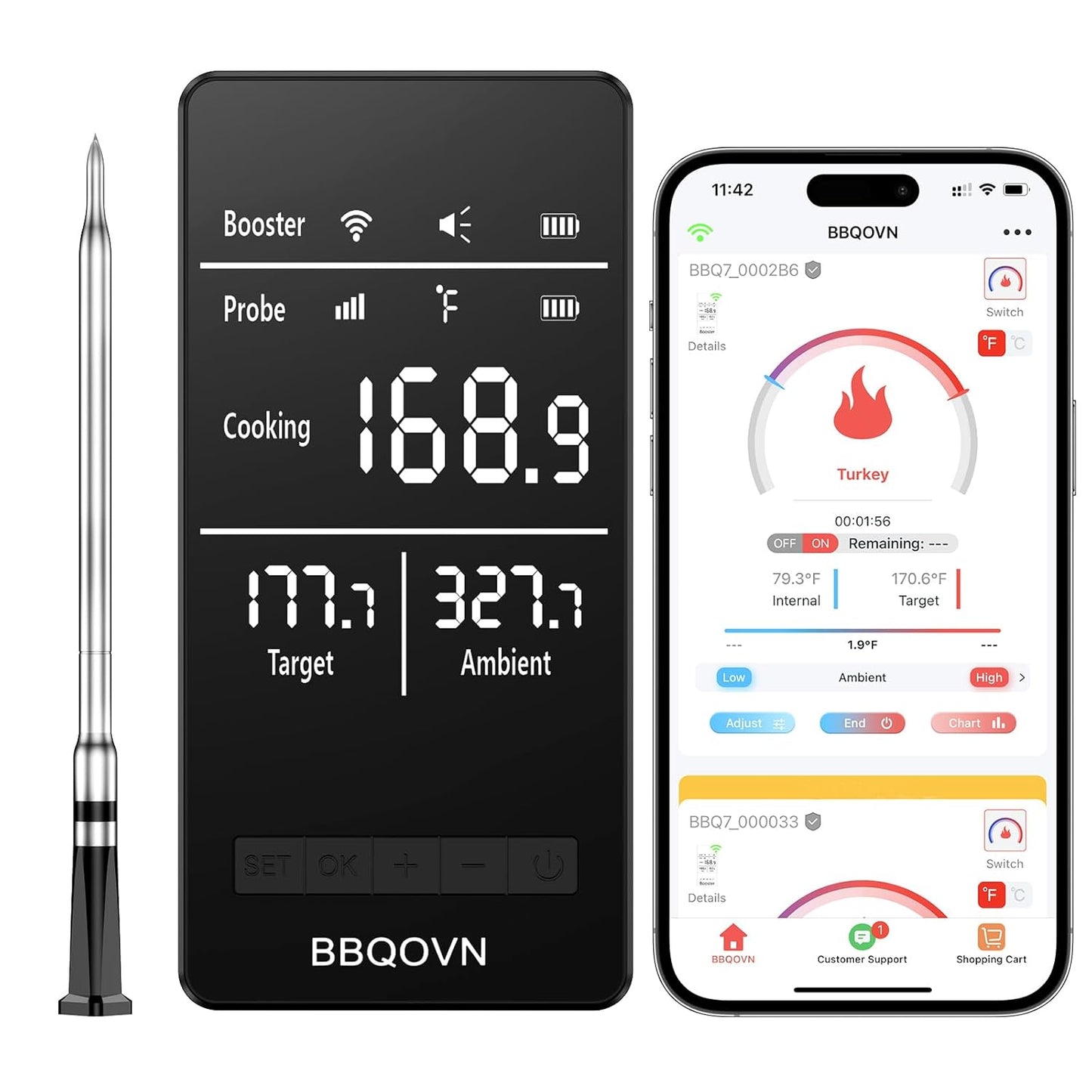 WiFi Sub-1G Wireless Meat Thermometer Unlimited Range 7 NIST Cert.Sensors IP68 With Ambient Temp Accuracy ±0.5°F APP&Magnet Smart Digital Base,Monitor for BBQ, Grill,Oven,Smoker (1,Grey,Small)
