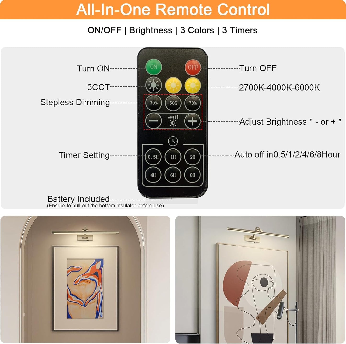Antique Bronze Picture Light, 23.6 Inch Remote Control Painting Lights for Wall Cordless, 3CCT Dimmable Wall Lights for Pictures, Rechargeable Art Light for Pictures On Wall with Timer