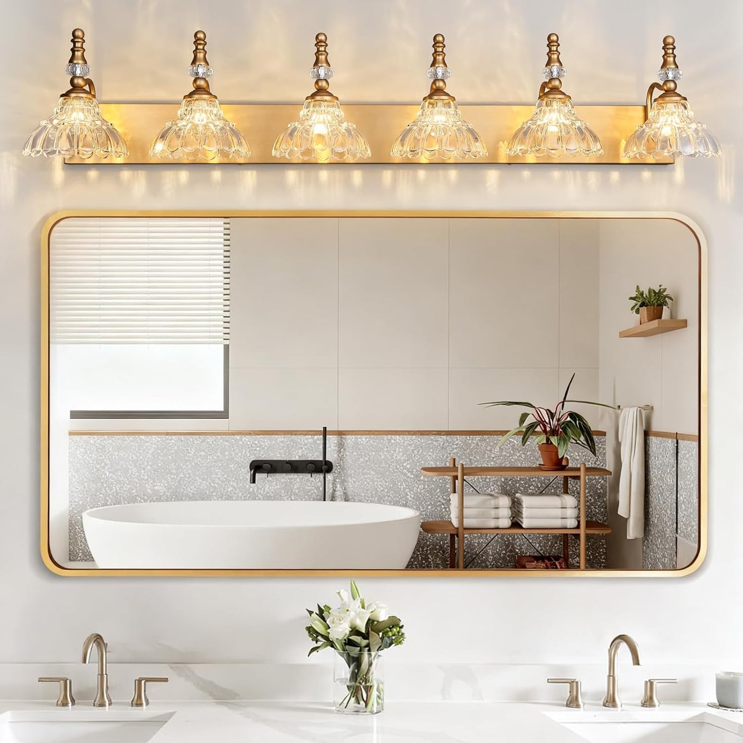 Vintage Bathroom Vanity Light, 6-Light Brass Vanity Lighting Fixture with Flower Glass Shade, Bathroom Lighting Fixtures Over Mirror