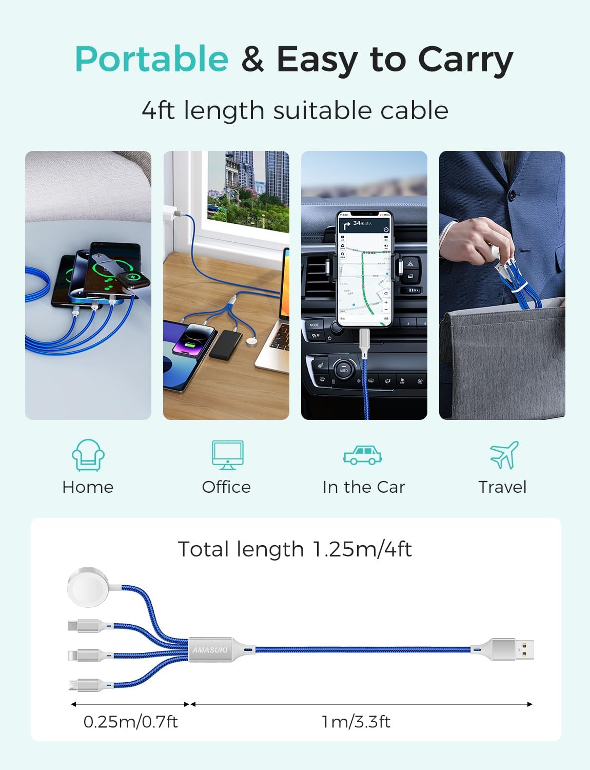 Travel Essentials,4 in 1 for Apple Watch Charger/iPhone Charger/Multi Charging Cable,Vacation RV Camping Essentials,USB C/L/Micro Portable Charger for iWatch 11-1/iPhone 17-12,Car&Gift-Blue