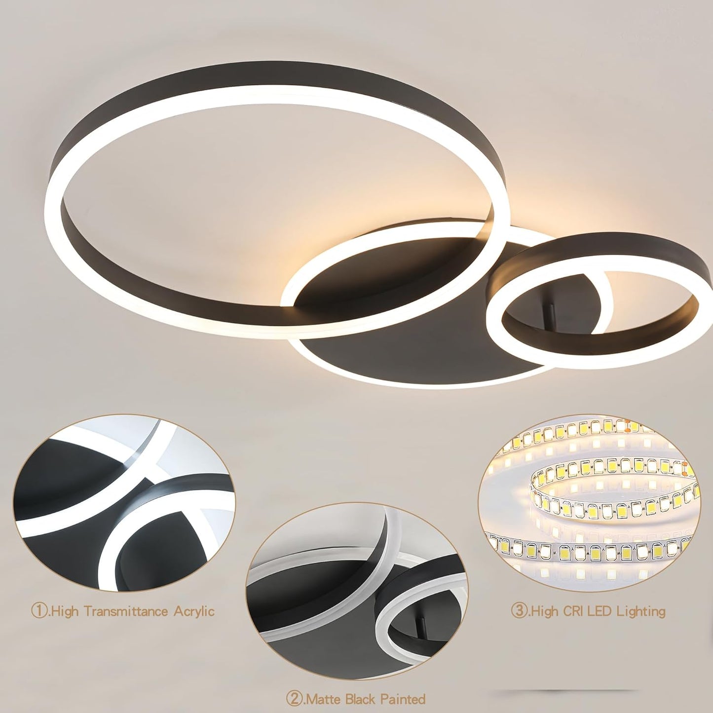 O'NEELDY Modern Dimmable LED Flush Mount Ceiling Light Remote Control Acrylic Ring Chandelier, 48W 3000K-6000K Adjustable, Black Fixture for Bedroom, Living Room, Dining Room, Kitchen and Hallway