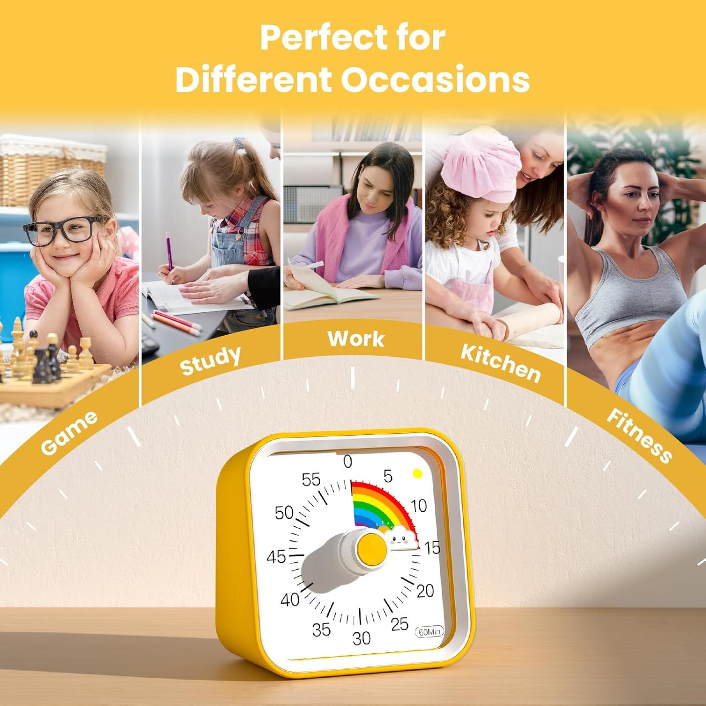 Visual Timer for Kids with Pause Function, Cute Silent Timer with Rainbow for Classroom, Teaching, Task, Kitchen, 60 Minute Countdown Time Management for ADHD (Rainbow Yellow)