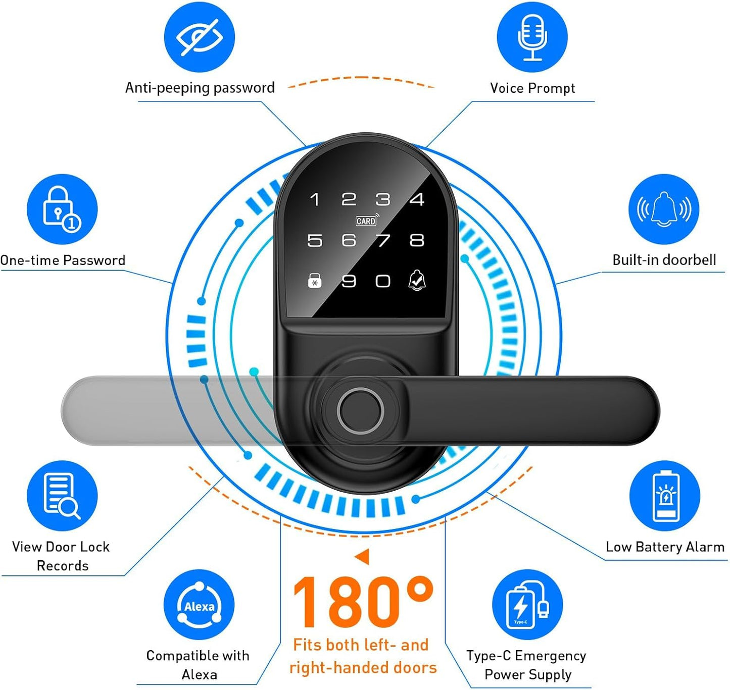 Smart keypad Door Lock with Handle,Fingerprint Keyless Entry Digital Lock with Built-in doorbell for Front Door,Bedroom,biometric Door knob,with Gateway Remote APP Control