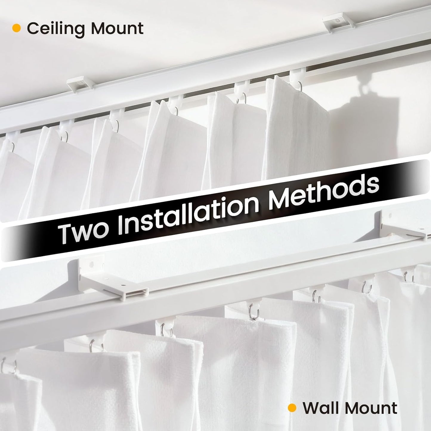 Aluminum 6 ft–9 ft Ceiling Curtain Track Set with 3 Types of Hooks, Adjustable Ceiling/Wall Mount Room Divider Curtain Rail System, White