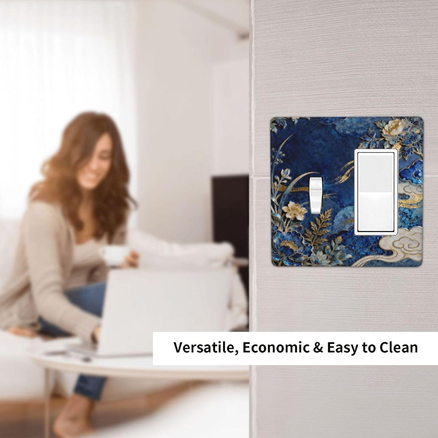 Decorative Outlet Covers Blue White Flower Gold Line Cloud 2 Gang Light Switch Cover Plate Single Toggle 1 Rocker Wall Plates for Electrical Outlets Switch Plate Covers for Home Decor