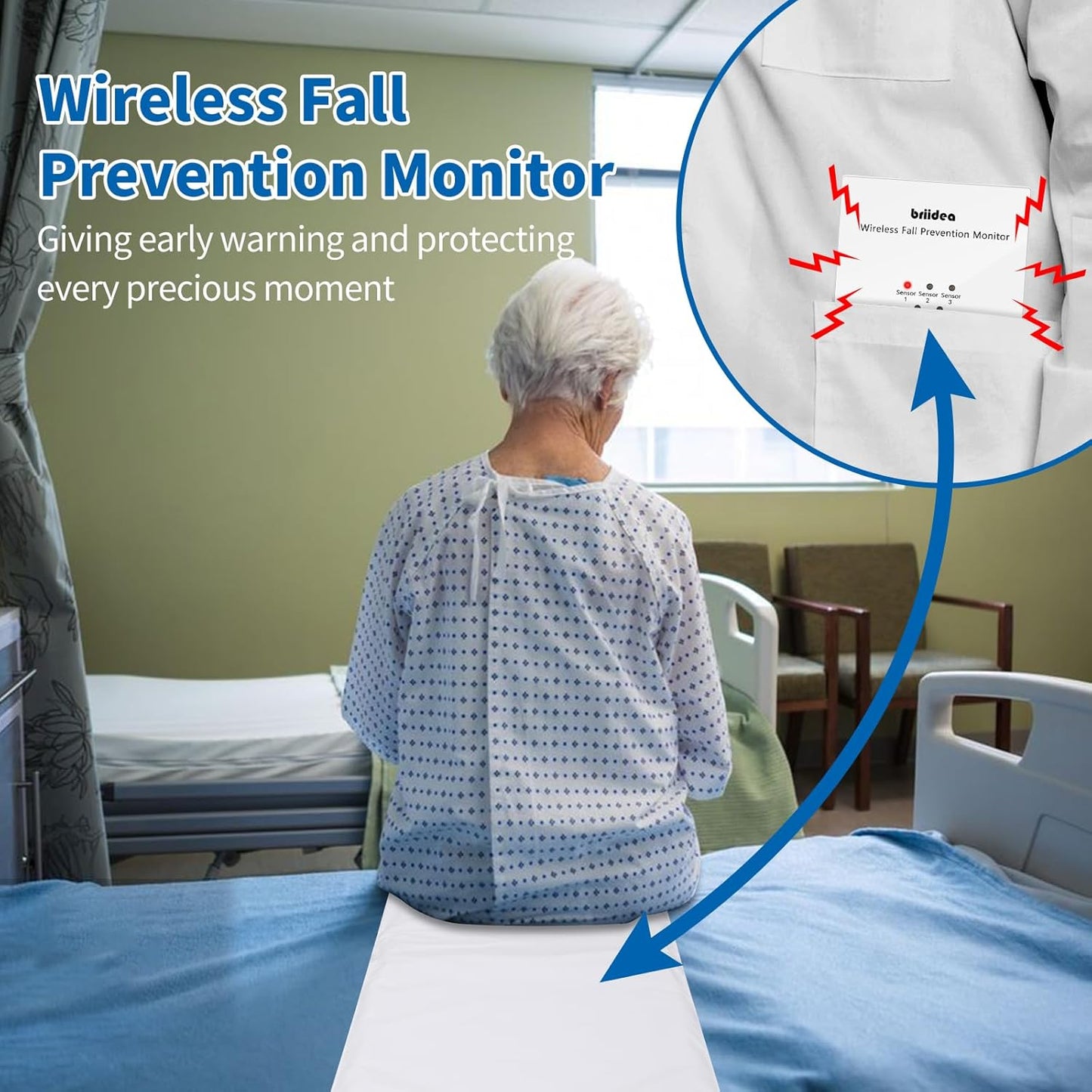 Briidea Wireless Bed Alarm for Elderly Adults, Fall Prevention Monitor, Bed Sensor Pad & Pager with Pre-Alarm Function, Give Early Warning, Two Modes Personalized Sensing