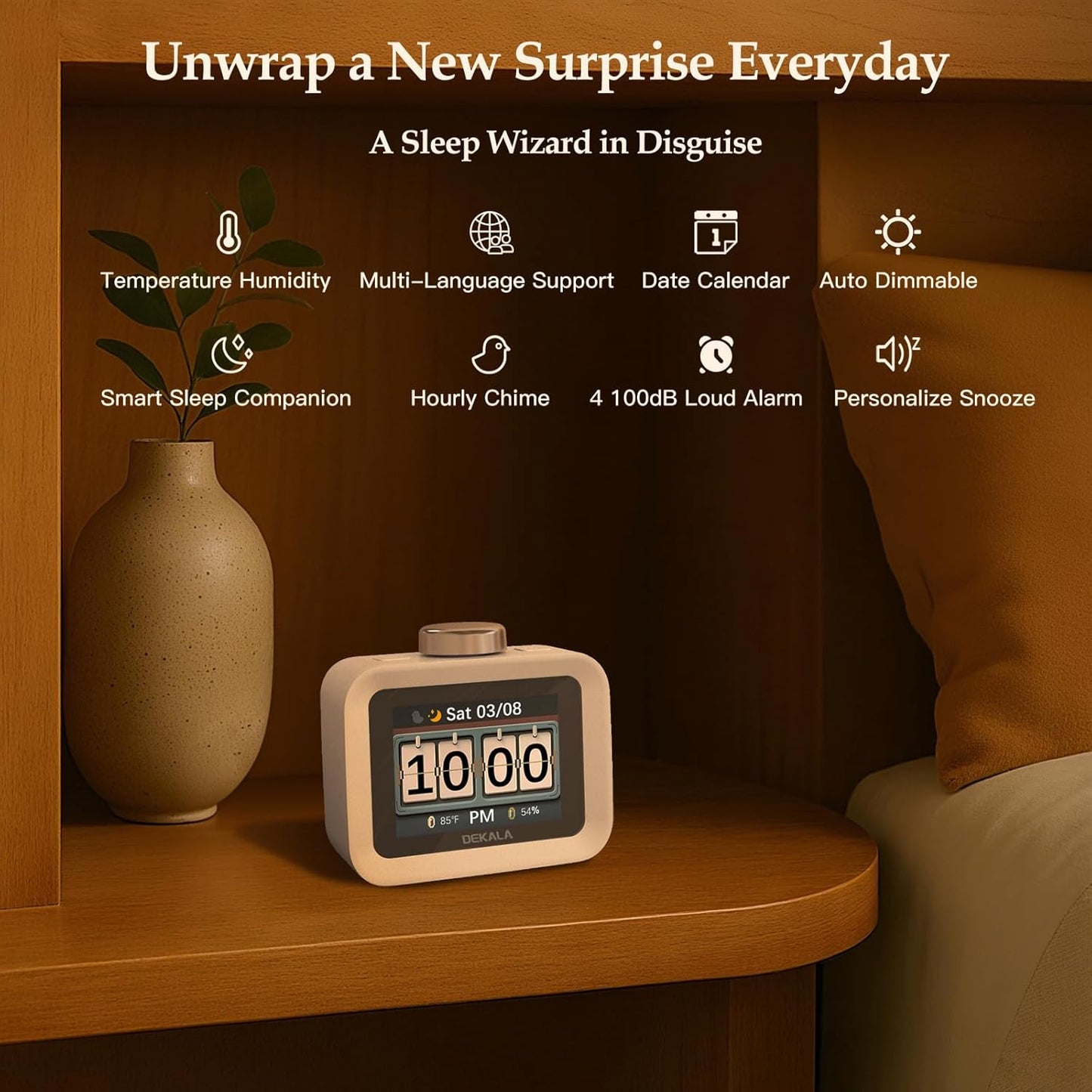 Dekala AuraDot White Noise Sound Machine for Sleep Temperature Humidity Monitor, 30 Non-Loop Soothing Sounds, Timer/Play All Night, Animationed Sleep Screen, 7-Day Programmable 4 Alarm Clock