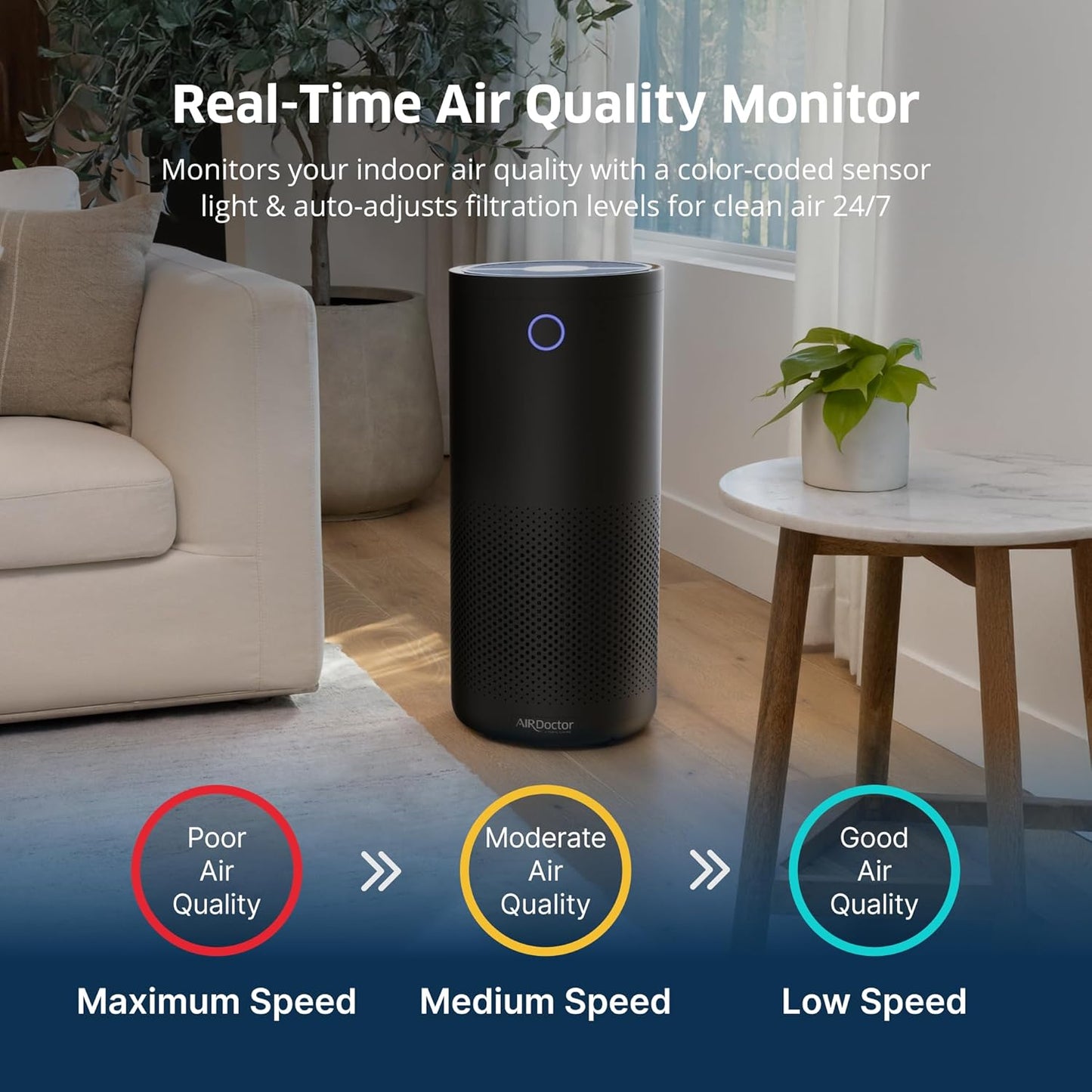AirDoctor 4000 Air Purifier for Large Rooms | Triple filtration technology with UltraHEPA, Carbon/VOC material & Air Quality Sensor | Captures Particles 100x Smaller Than HEPA Standard (Black)