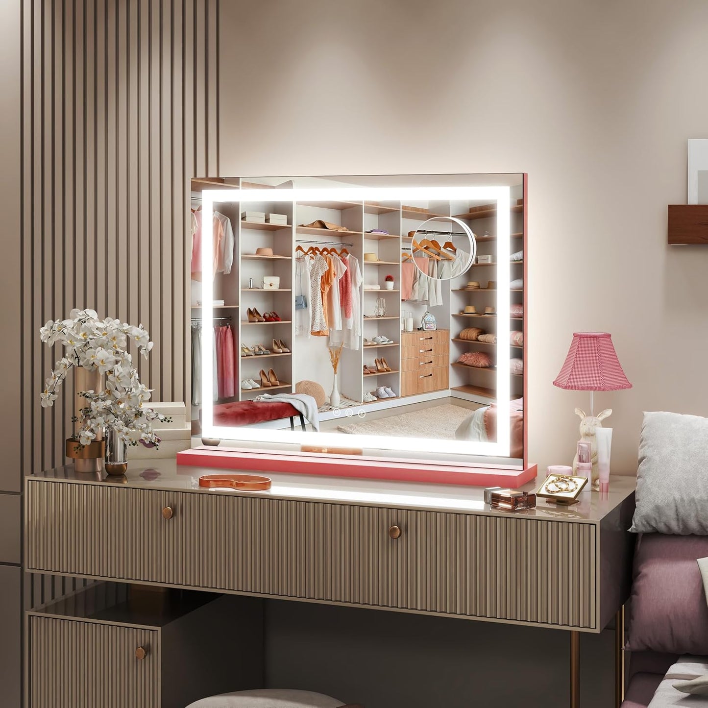 FENNIO Vanity Mirror with Lights 23"x18", Lighted Makeup Mirror, Large Vanity Mirror, Touch Sensor with 3-Color Lighting, 10X Magnification and USB Charging Port for Vanity Desk(Square Pink)