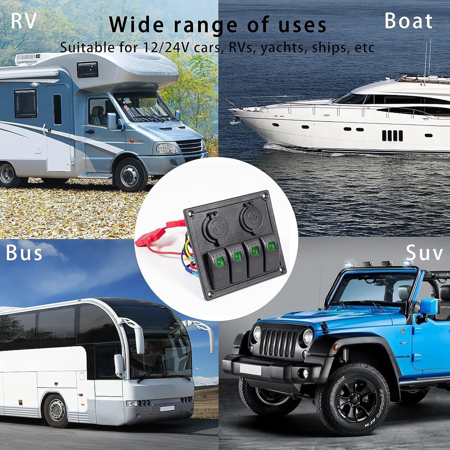 4 Gang Rocker Switch Panel, Multi-Function LED On-Off Switch with 3.1A Dual USB Charger, 12/24V Waterproof Marine Wired Toggle Switch Panel for Automotive Cars Marine Boats RVs (Green)