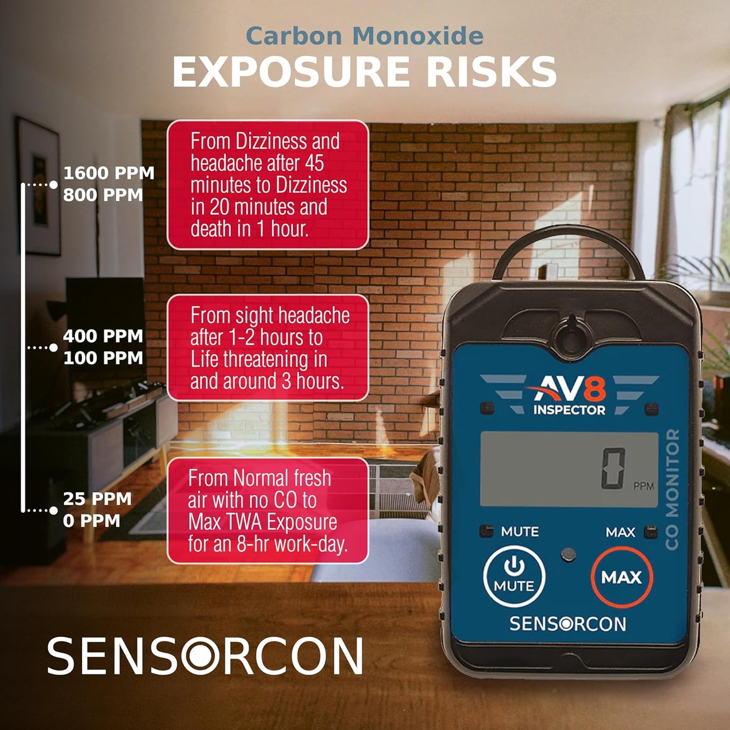 AV8 Inspector Portable Carbon Monoxide Detectors for Aviation – Professional-Grade Digital Carbon Monoxide Monitor with Visual and Audio Alarms